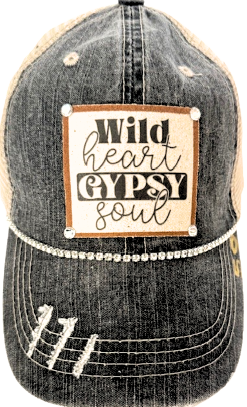"WILD HEART GYPSY SOUL" DISTRESSED TRUCKER HAT: BLING / BLACK