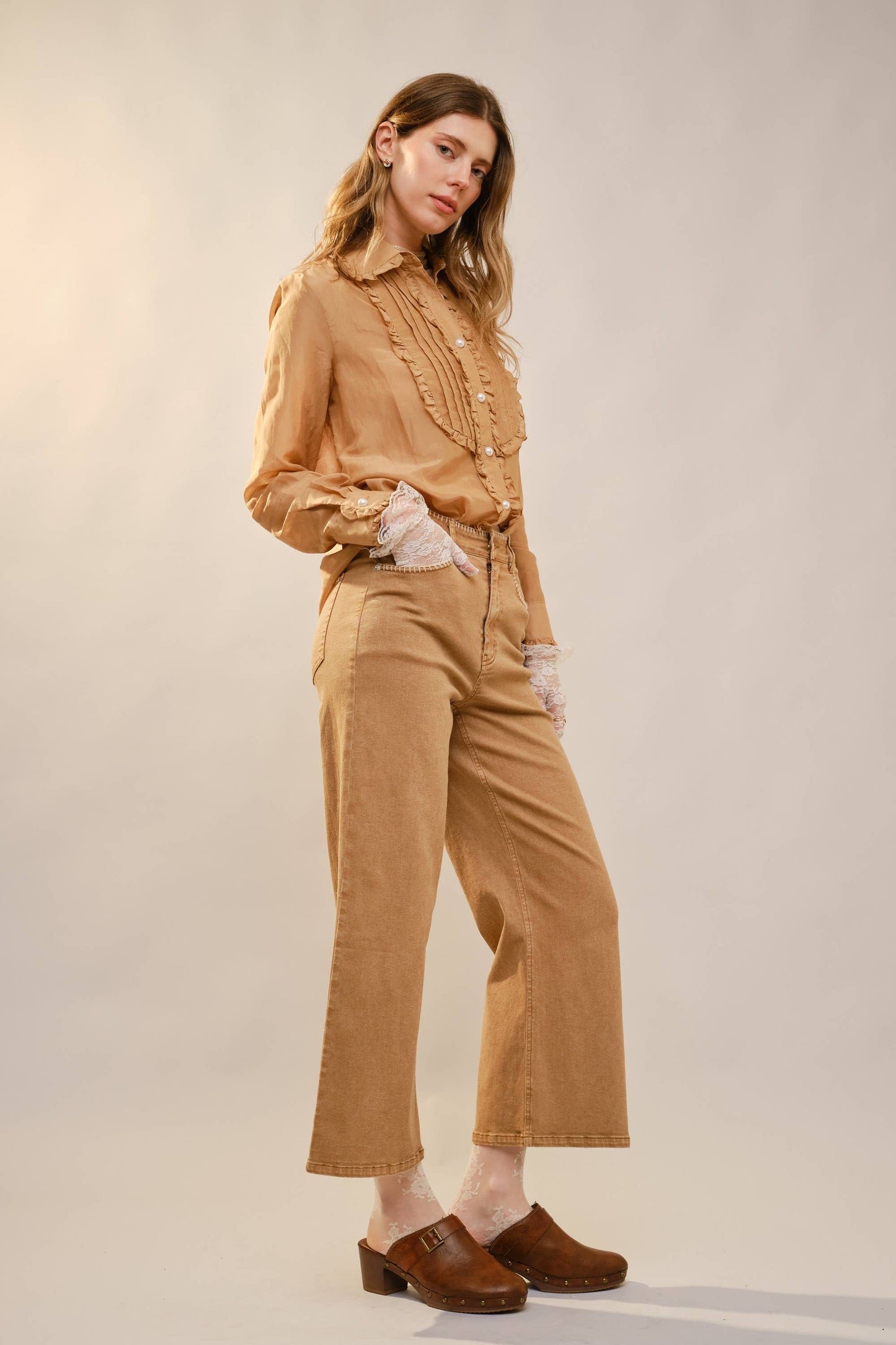 Ruffle Pleated Pearl Button Blouse