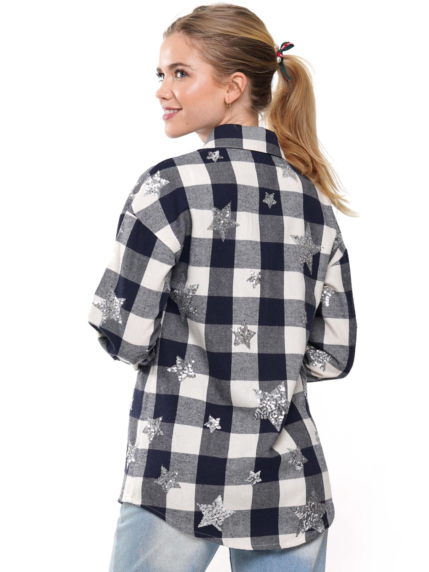 Navy/White Plaid and Sequin Star Flannel