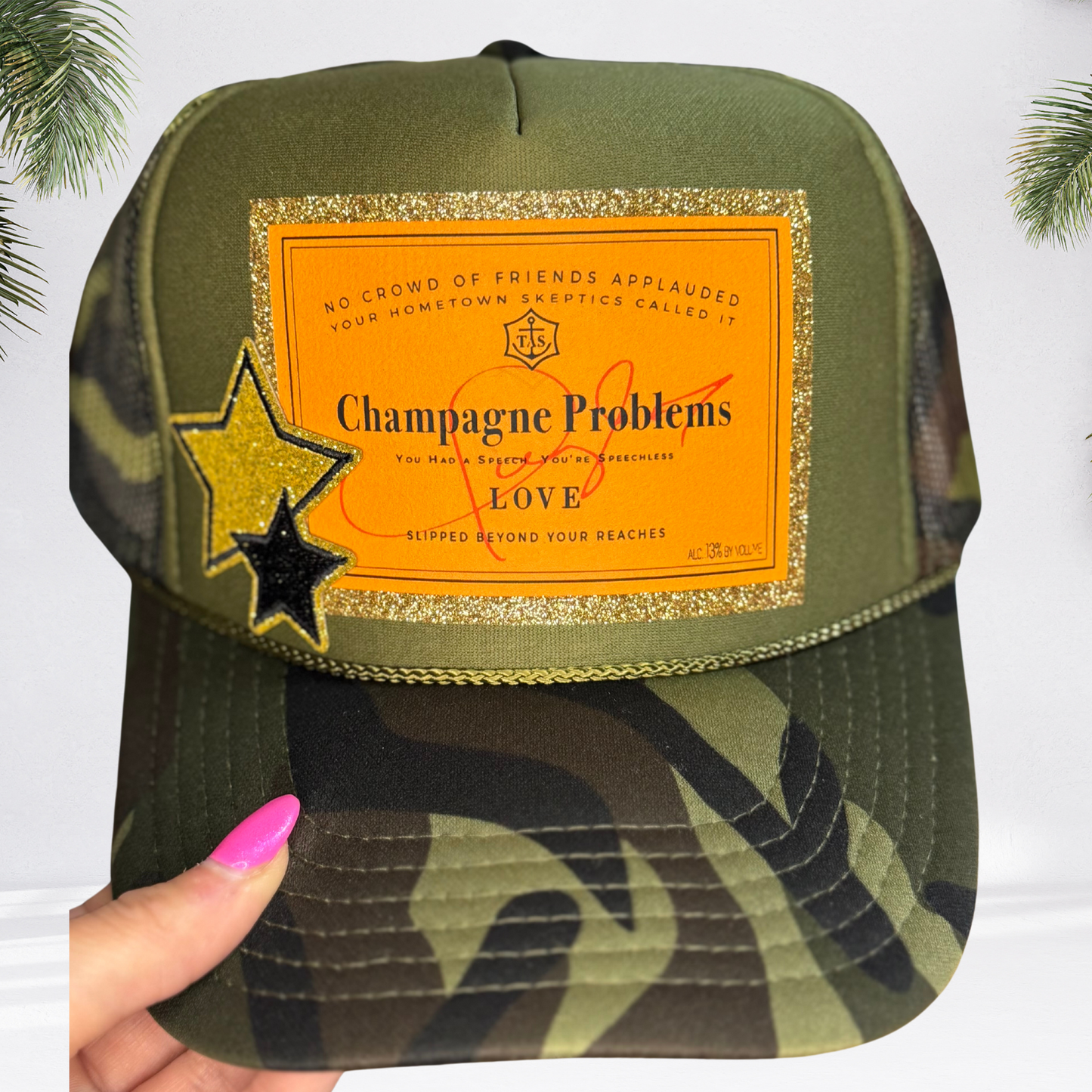 "Champagne Problems" Camo Glitter Trucker Hat : Dark Camo Hat - With Gold Star Patch