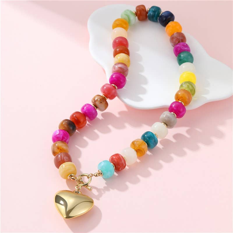 MULTI BEADED HEART CHARM TOGGLE NECKLACE | Multi