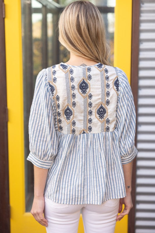 Embroidered Yoke Stripe Puff Sleeve Top