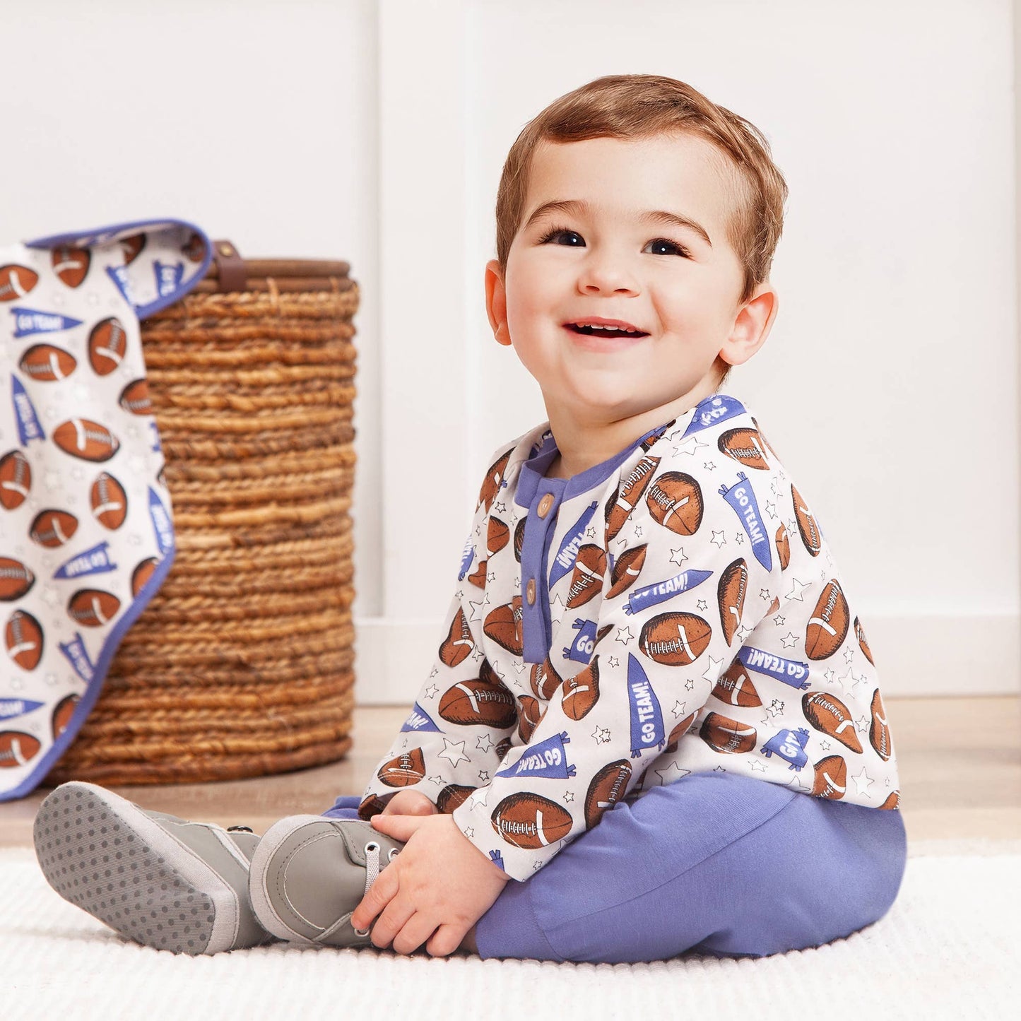 Baby Boy Football Outfit – Bamboo Henley I Shirt & Pants Set: 9-12M