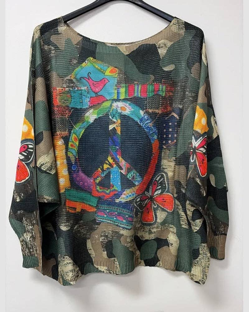 PREORDER. Olive Camo Peace Sign Open-Knit Sweater - O/S