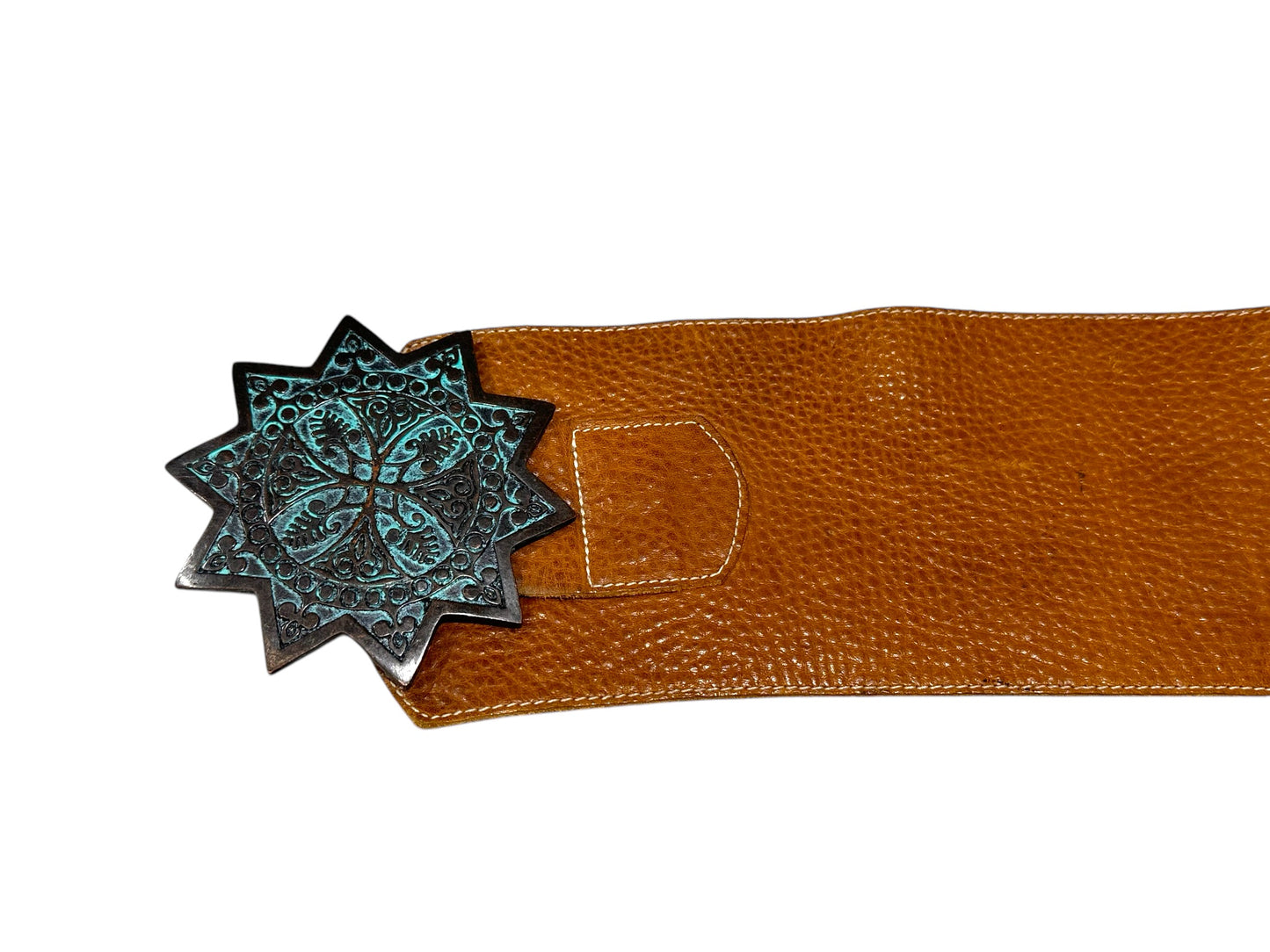 Brown Leather Belt with floral turquoise buckle