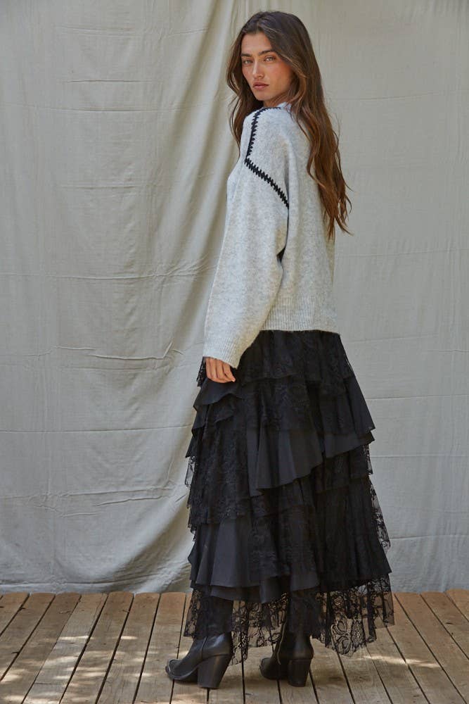 | Knit Sweater Stitch Detailed Crew Neck Pullover : Light Heather Grey