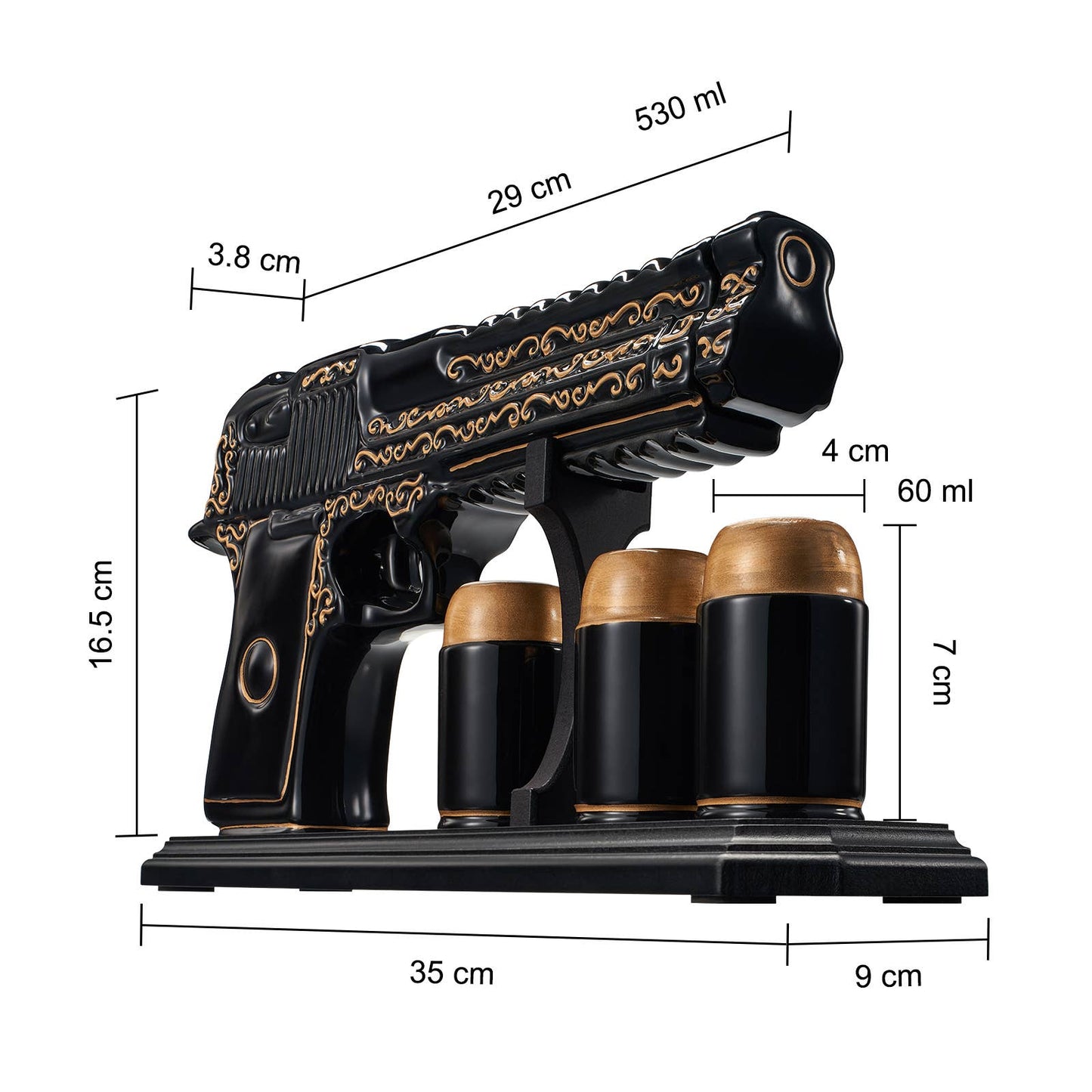 Pistol Whiskey Decanter Blk & Gld - 18OZ