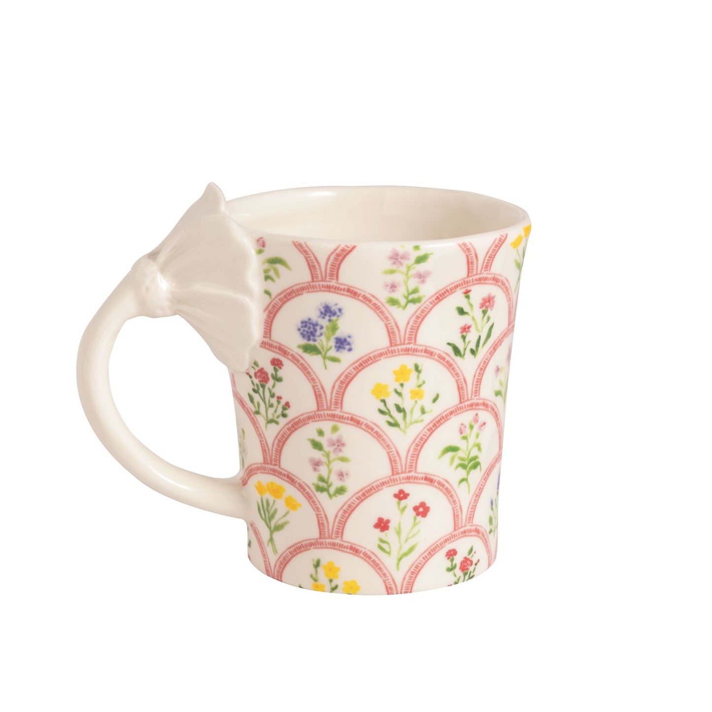 White Flower Handle Mug on Patterned Mug