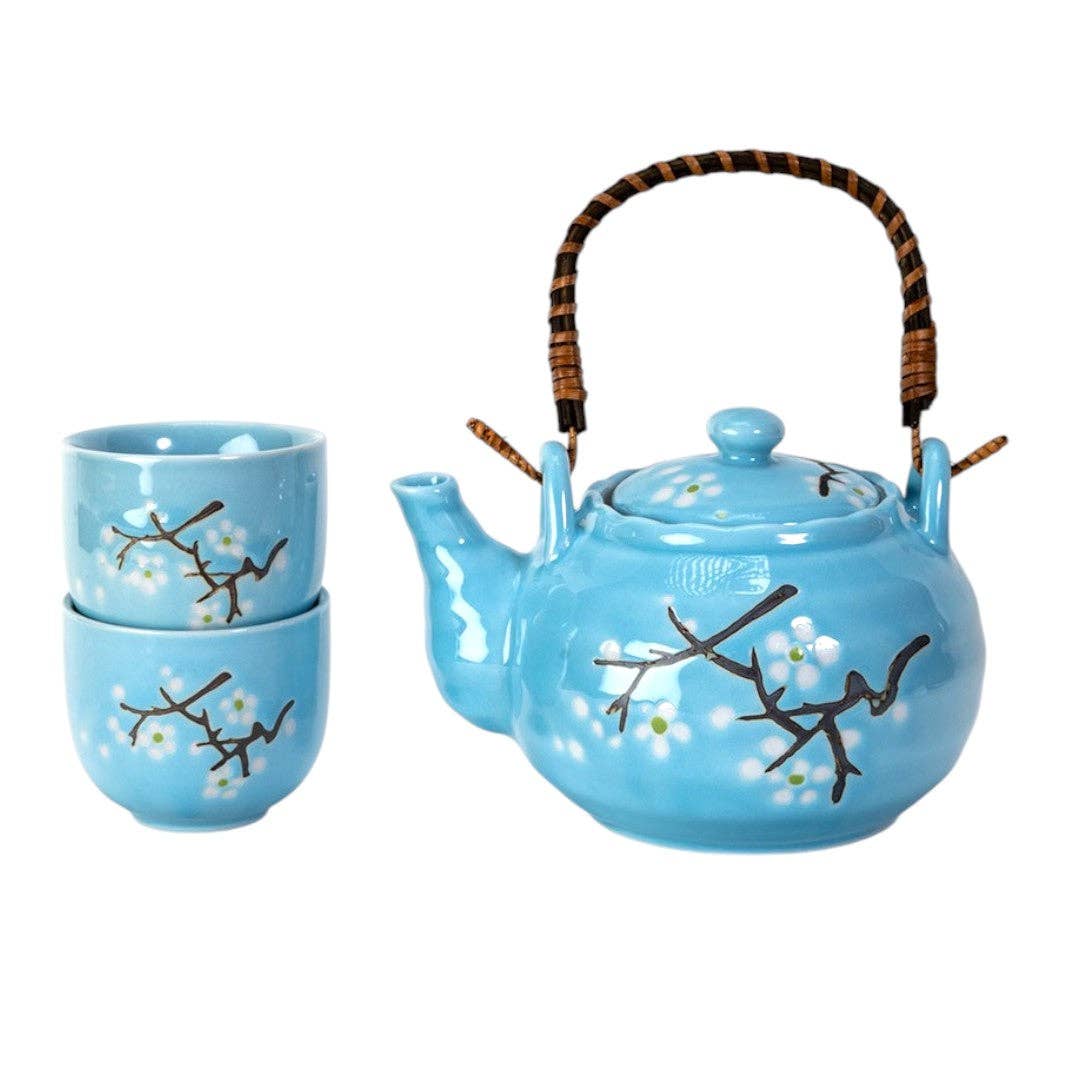 Blue Sakura Cherry Blossoms Tea Set 22oz Tea Pot with 2 Cups (1/12