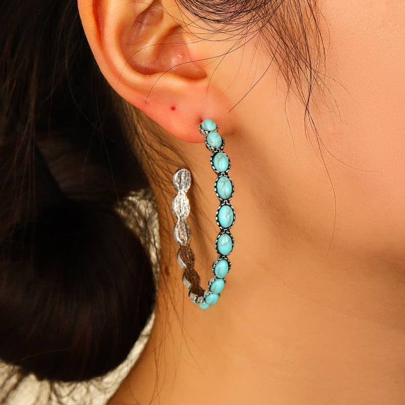 WESTERN TURQ STONE HOOP EARRINGS ROUND