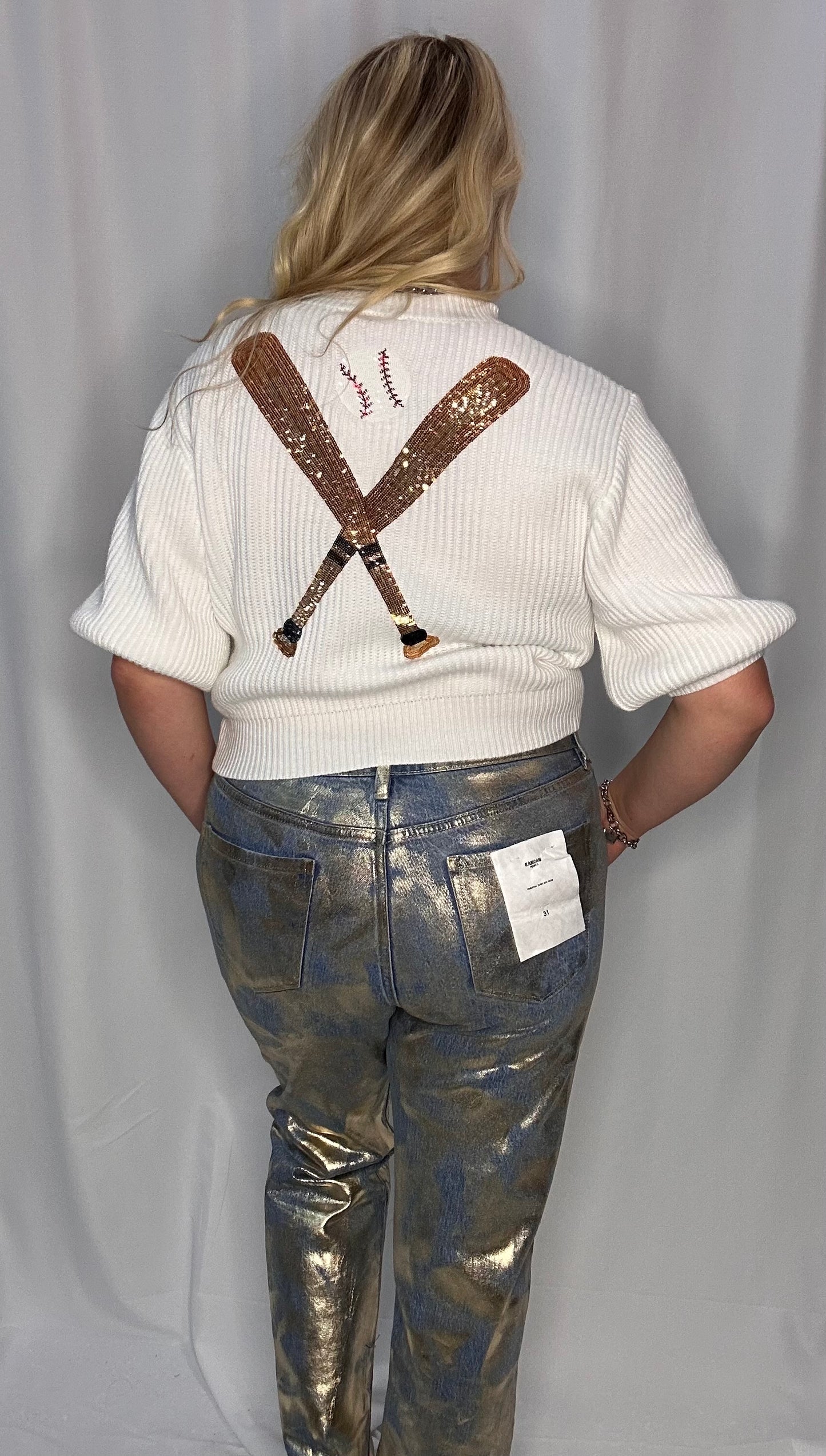 Queen of Sparkles Hey Batter Batter White and Gold Sweater