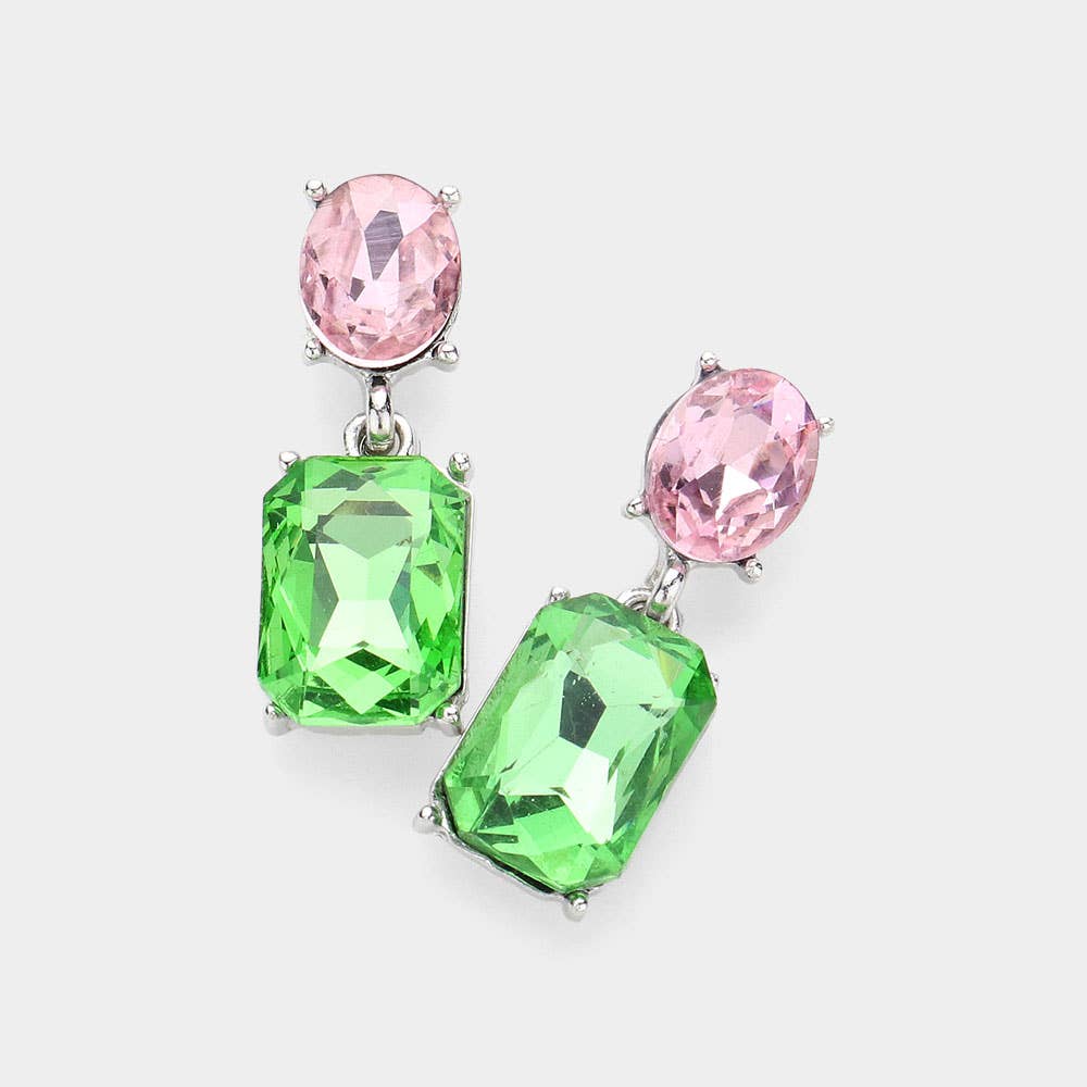 Square Stone Dangle Earrings: PINK GREEN