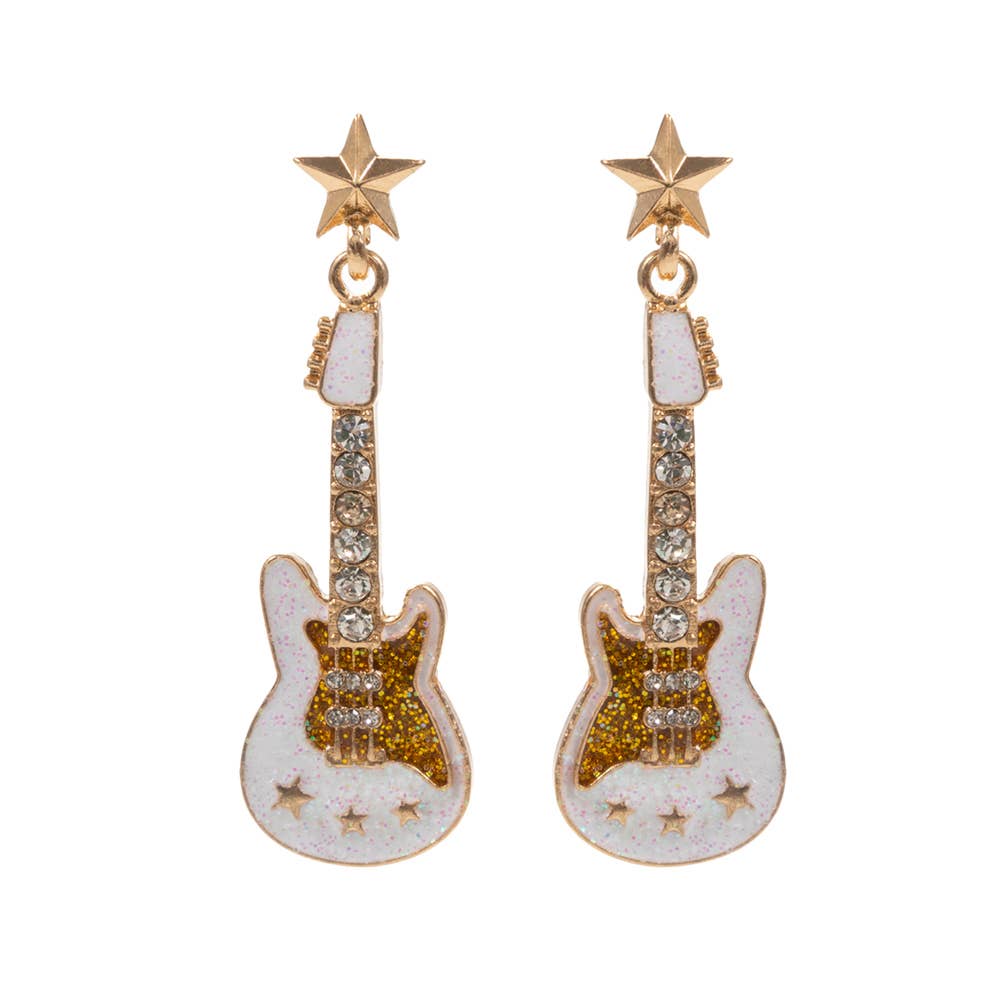 Stone Embellished Enamel Guitar Earrings: White