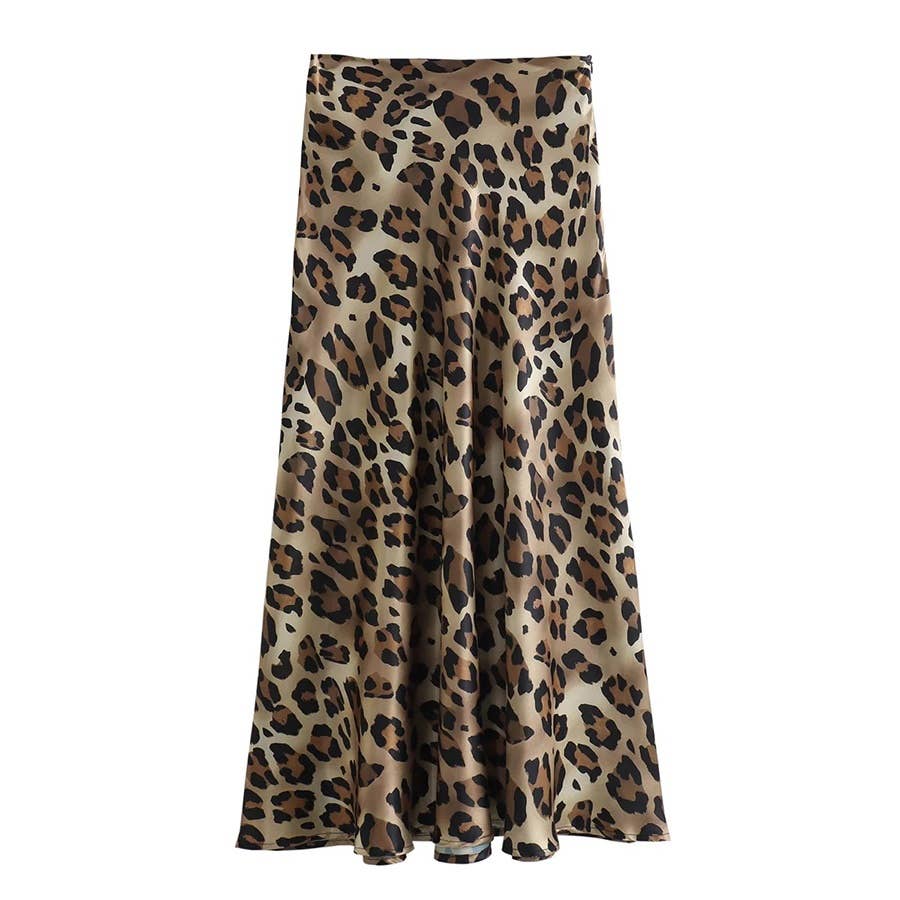 Vintage Leopard Satin High Waist Midi