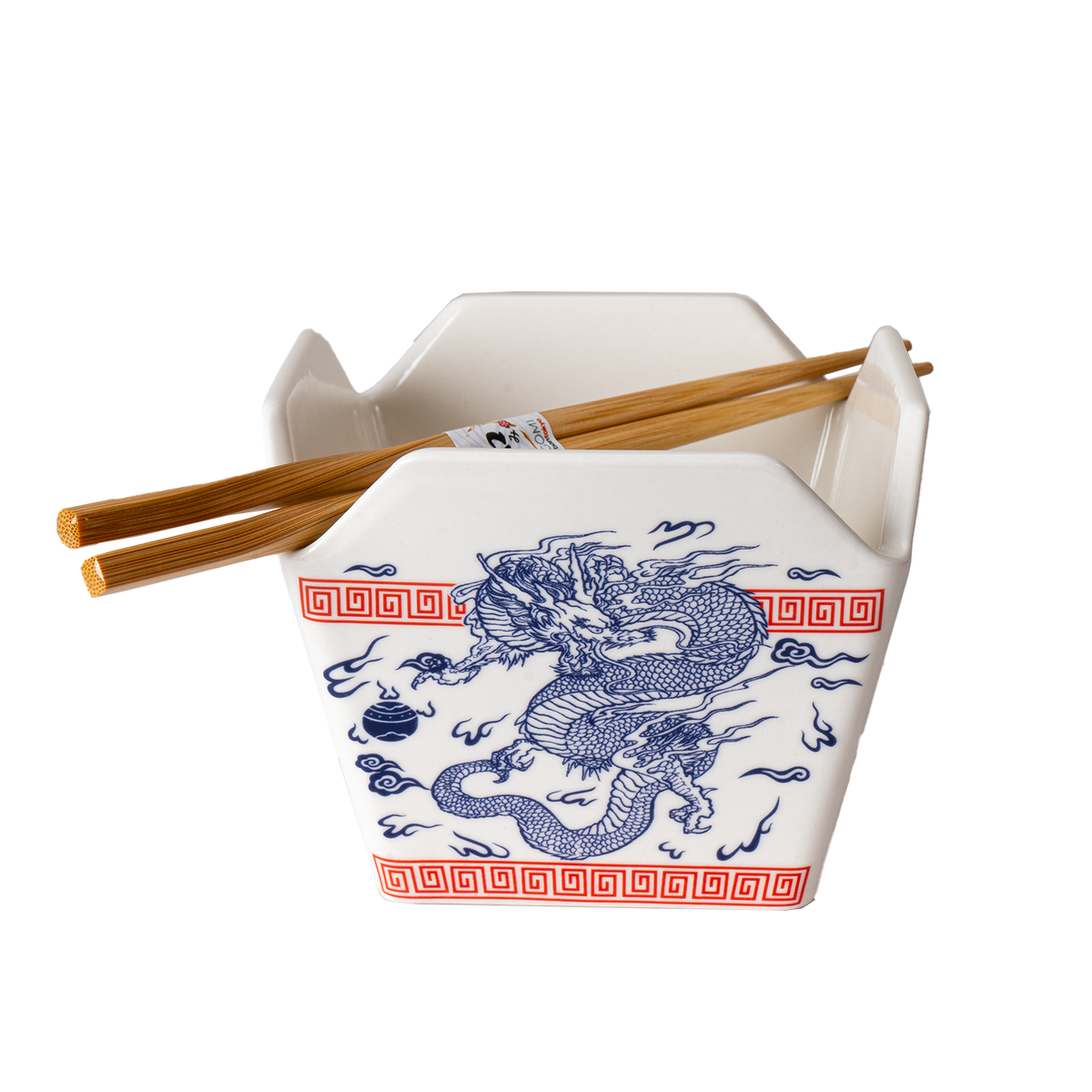 Dragon Takeout Box Ceramic Serving Bowl with Chopsticks (16 oz)