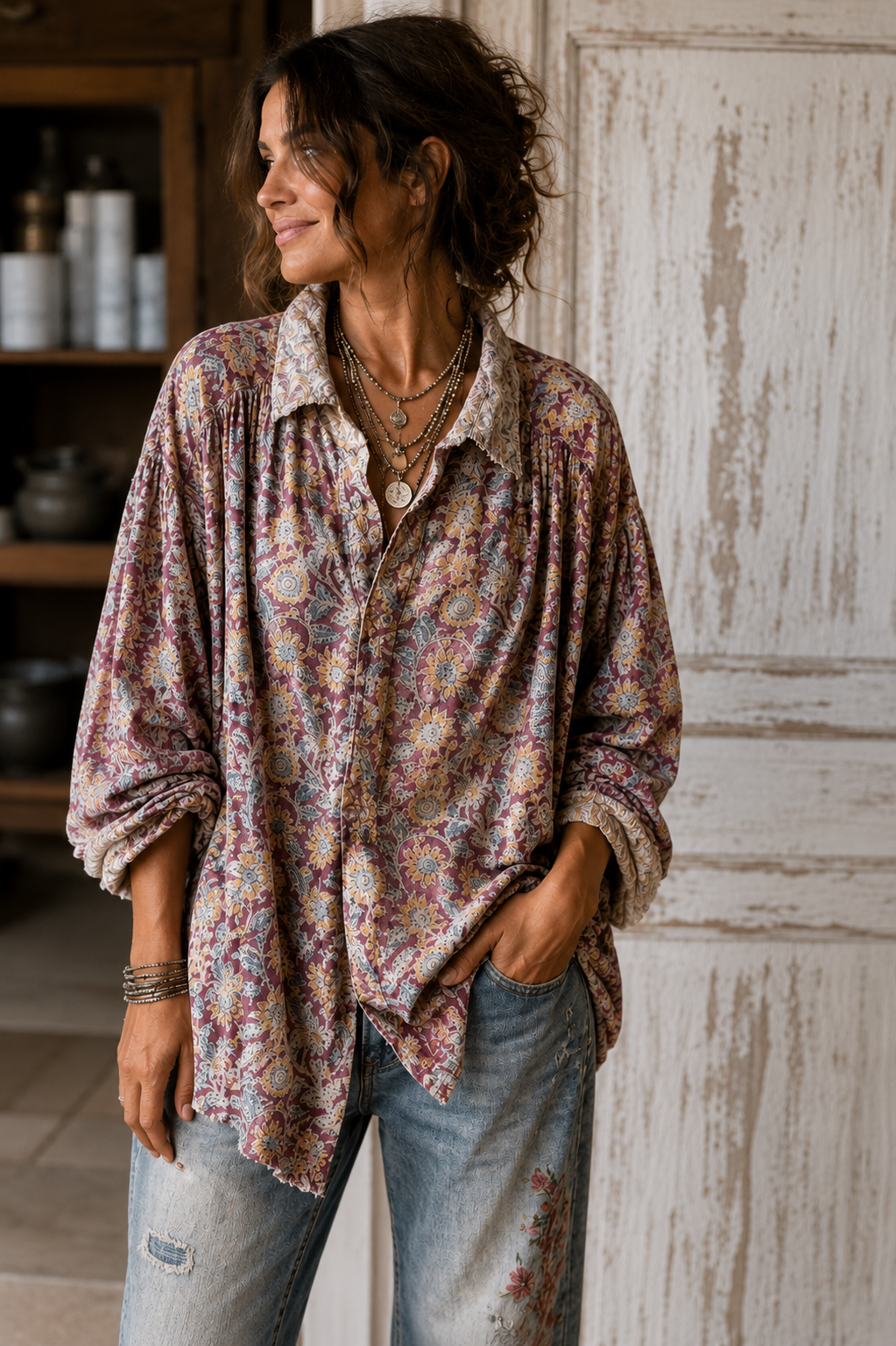 Magnolia Pearl Block Print Tora Shirt 1123 OOAK