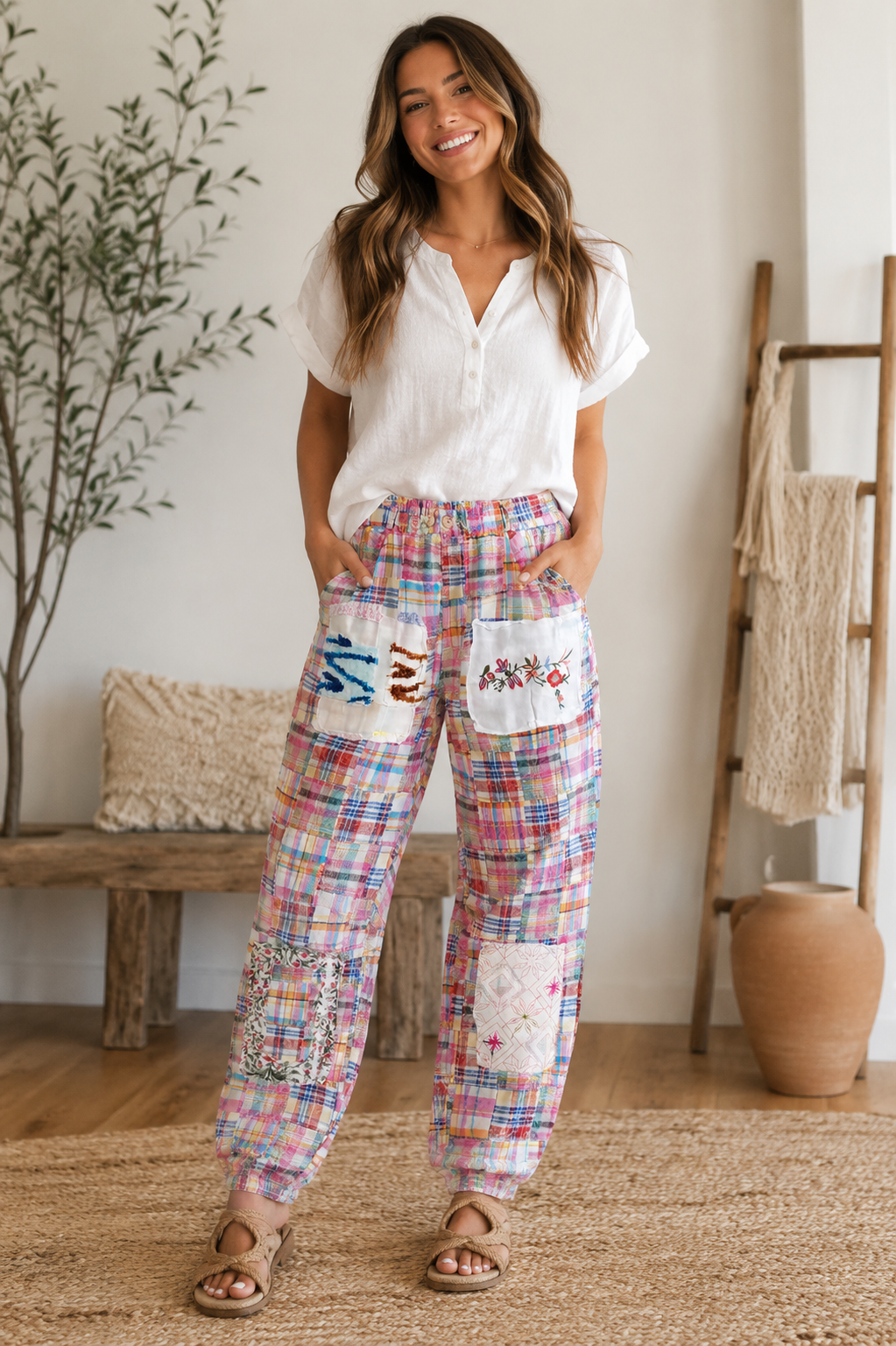 Jaded Gypsy Traveling On Pants Blue/Pink Plaid