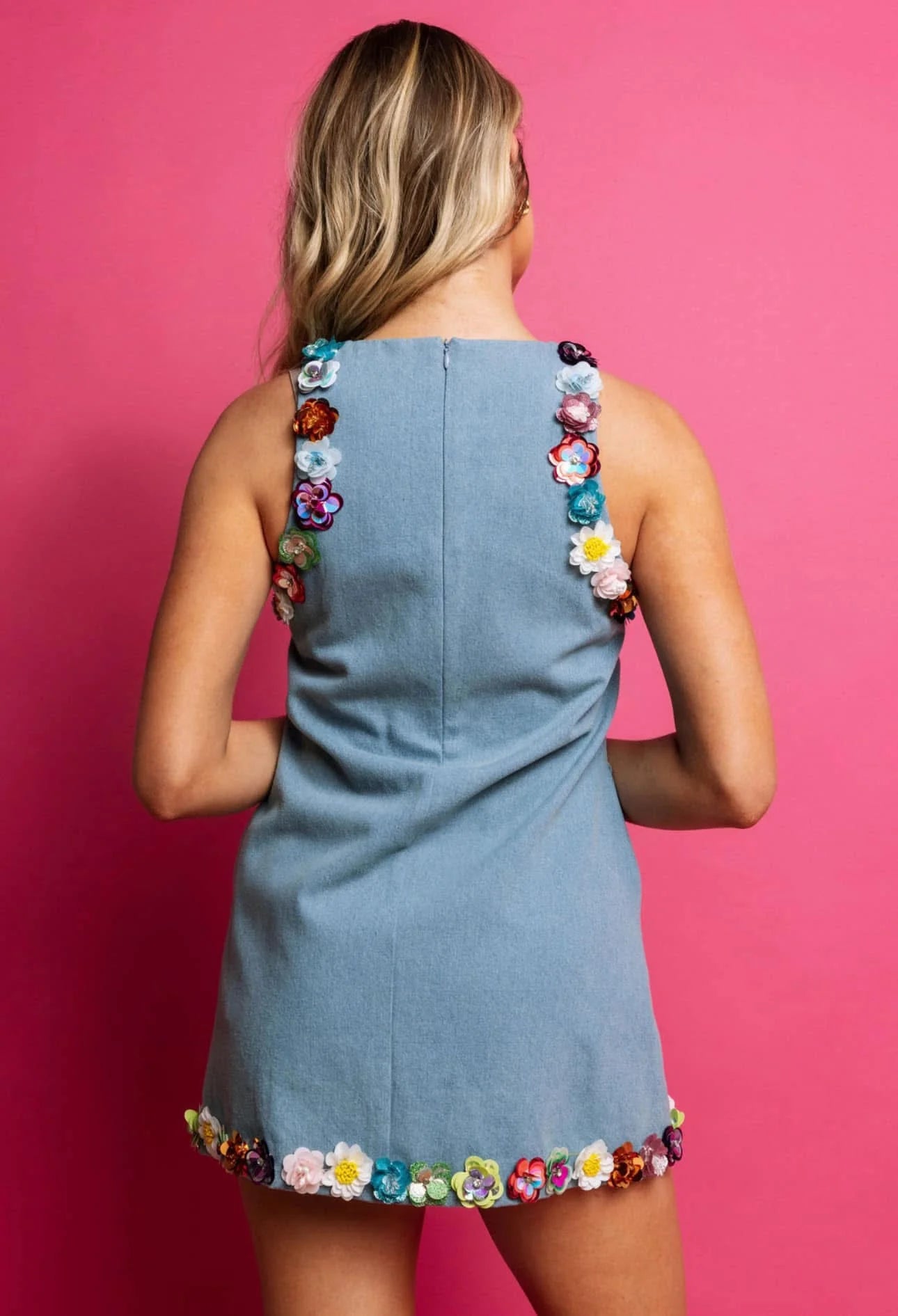 Floral Trim Denim Tank Dress