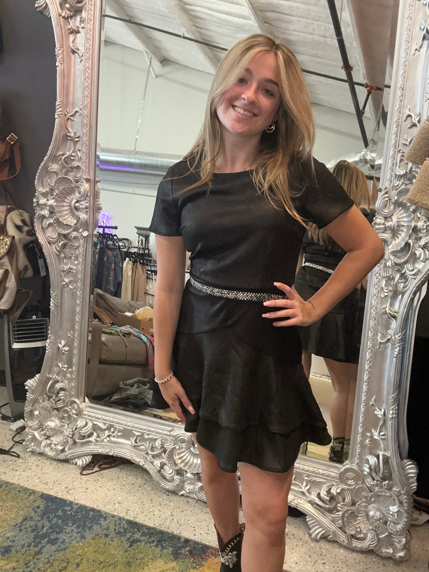 Suede Ruffle Mini Dress