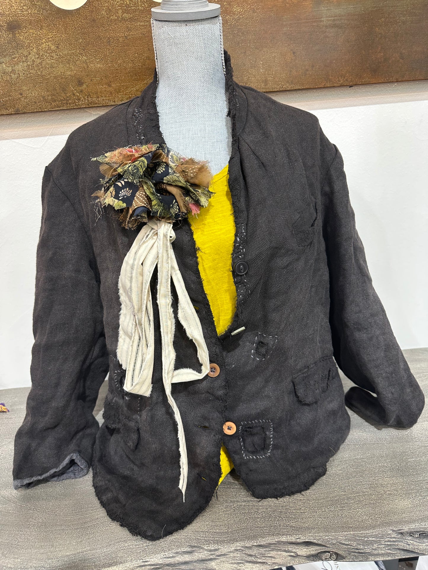 Fringe Poof w/ Brown and Blue prints with striped tie