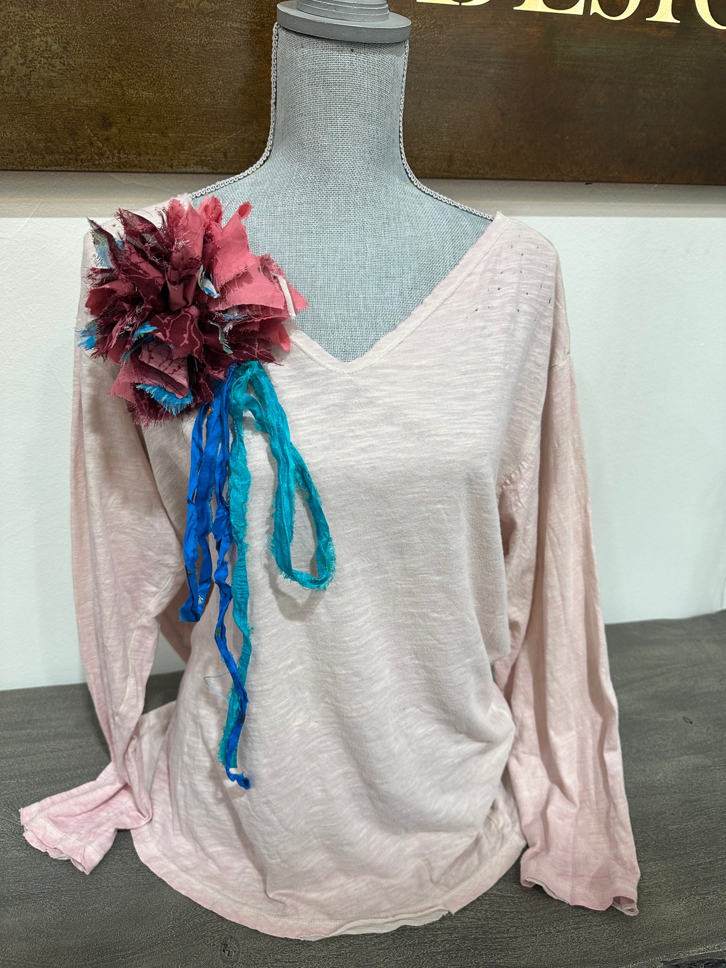 Fringe Poof pink blue prints w/ turquoise tie
