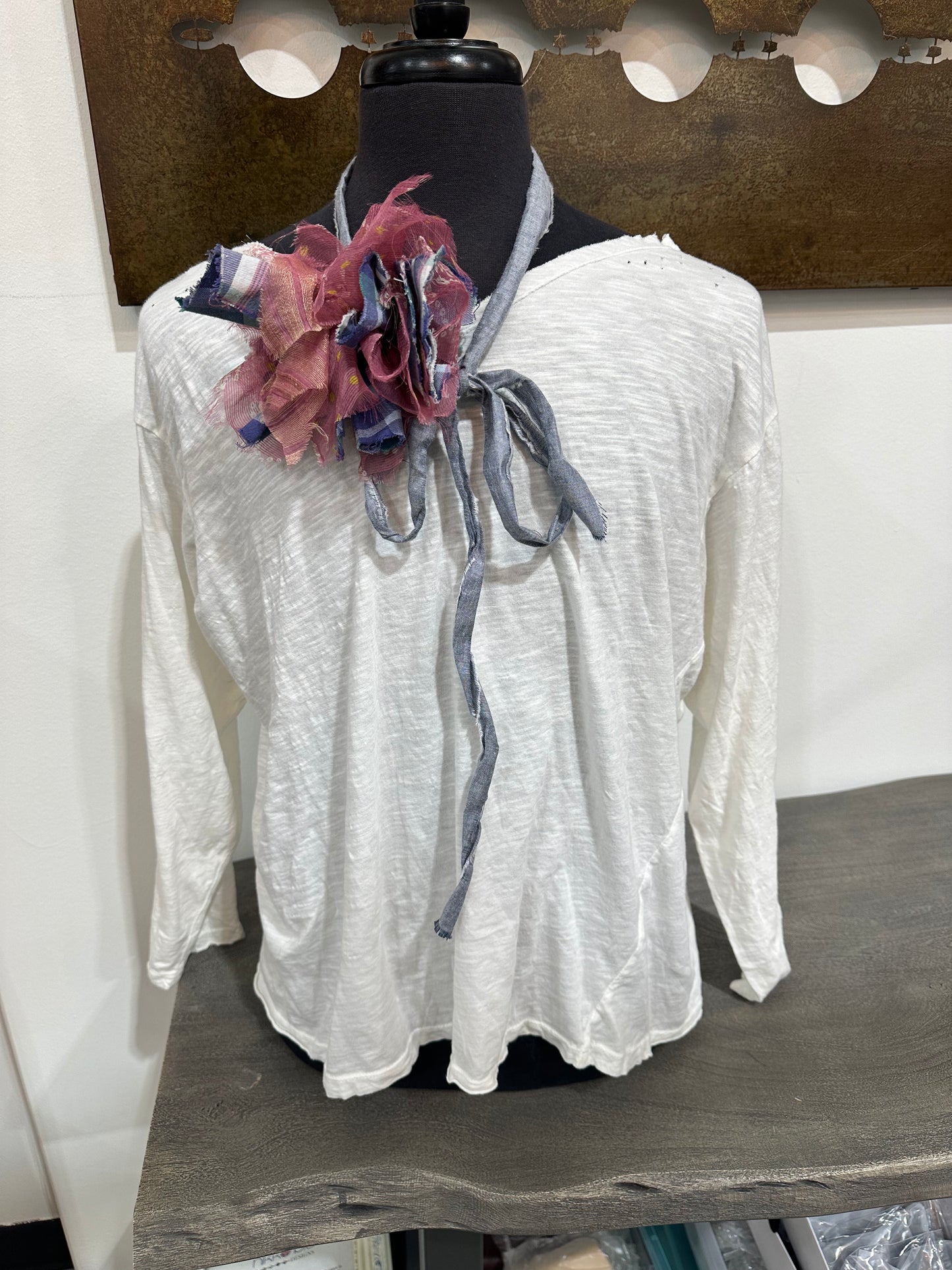 Fringe Poof w/ blue pink plaid Prints w/ blue tie