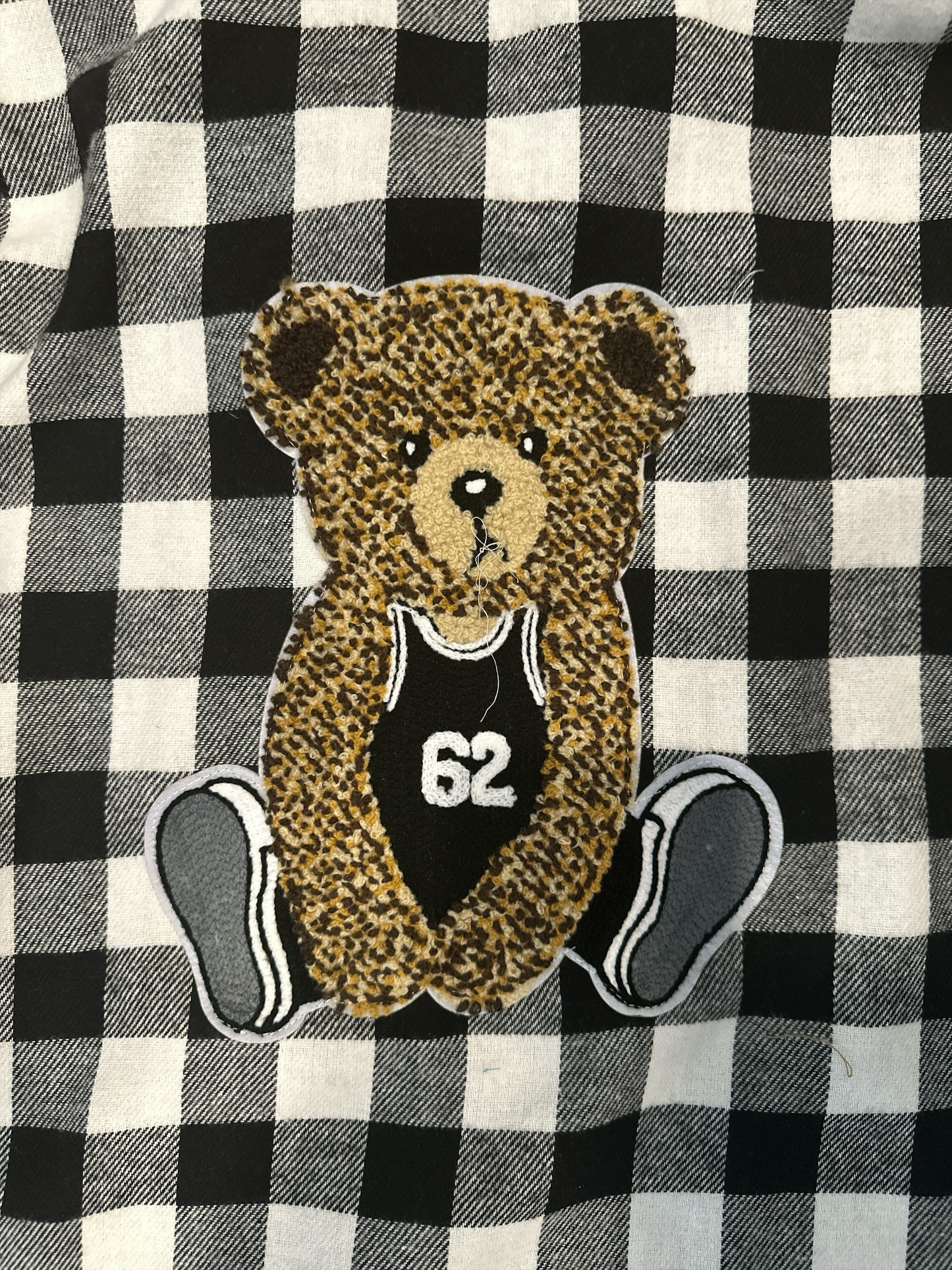 Black/White Flannel with Bear Applique