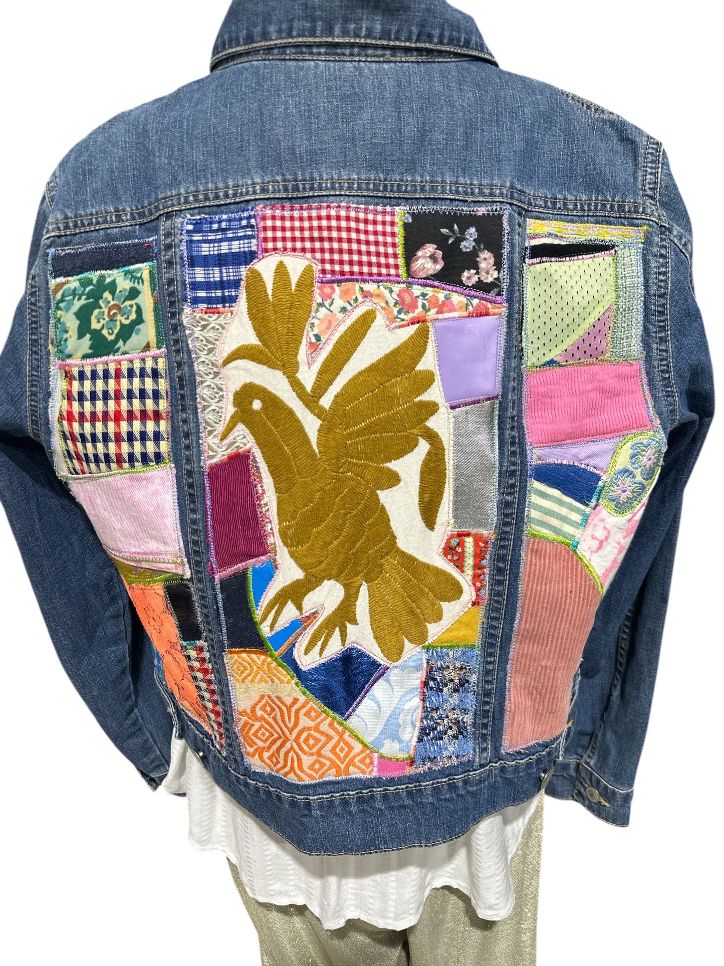 Oates Handquilted Medium Dark Denim Multi Color Gold Bird Jacket