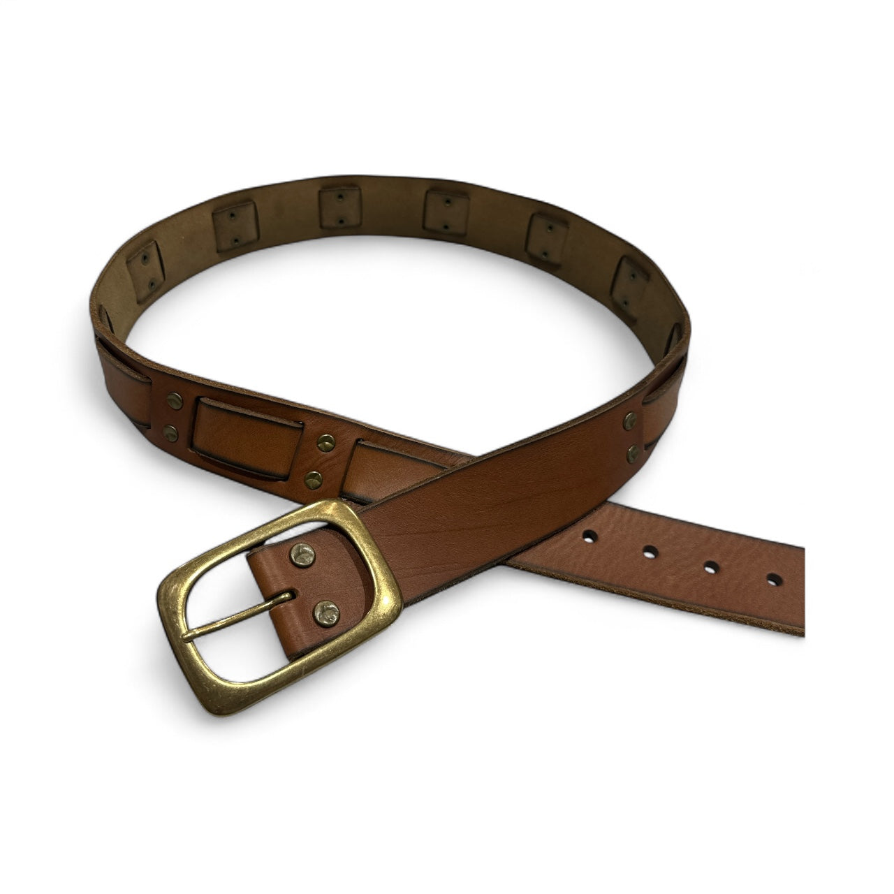 Brown Leather Square Detail Belt with Square Shape Buckle