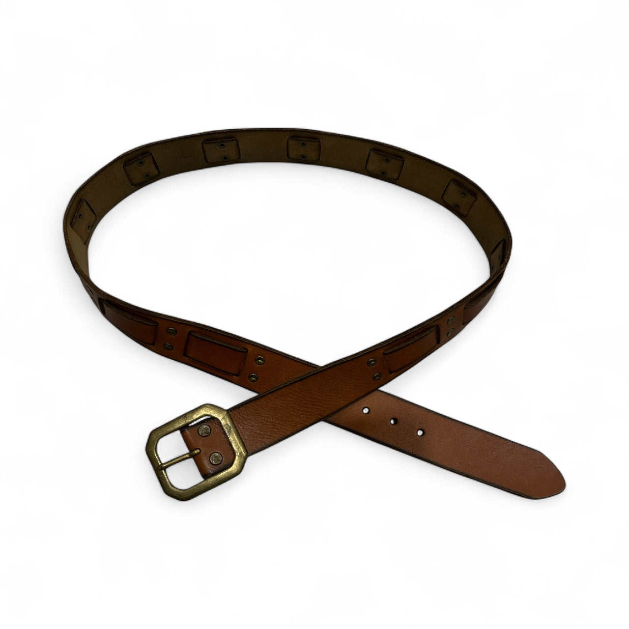 Brown Leather Square Detail Belt with Emerald Shape Buckle