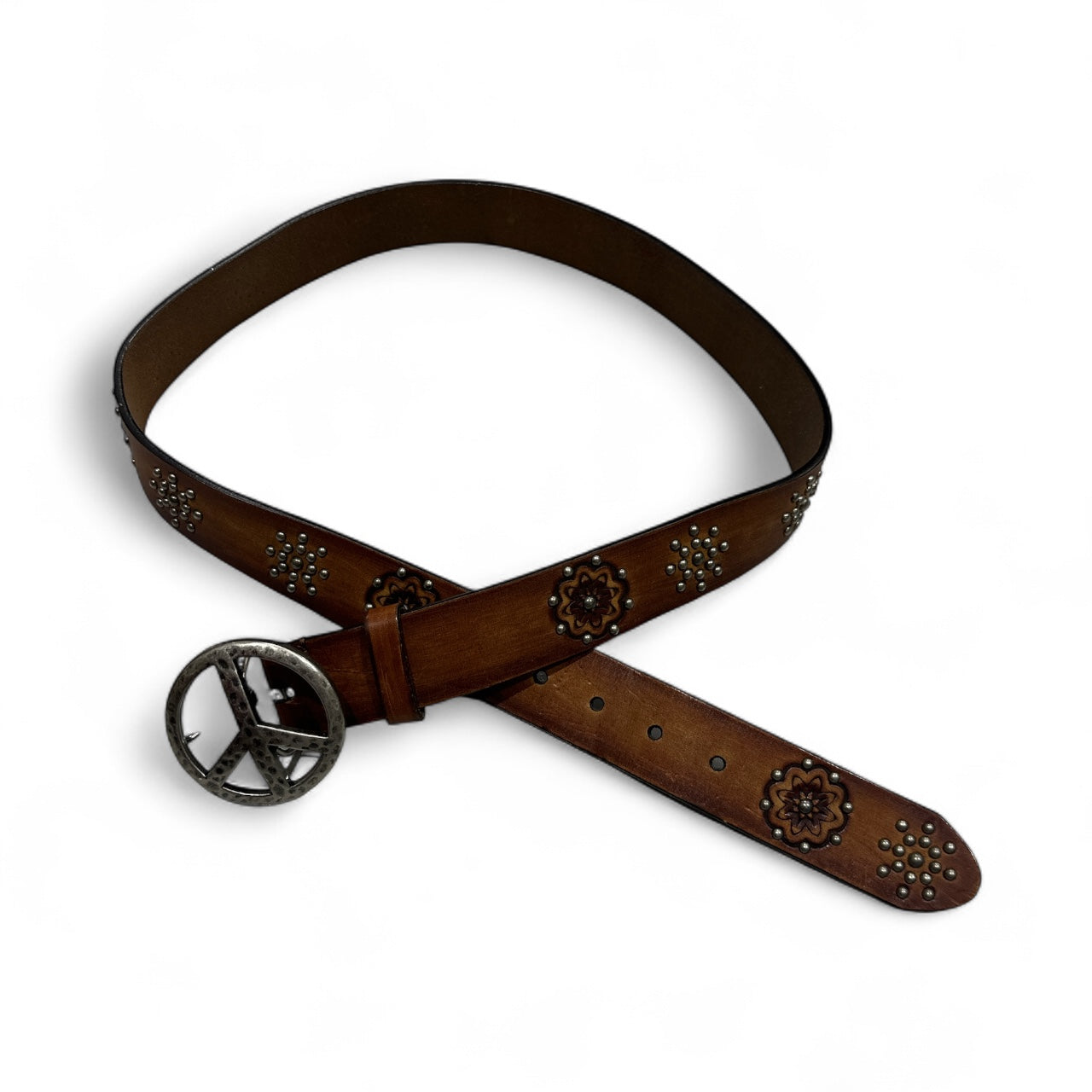 Brown Flower Leather Belt with Peace Sign Buckle