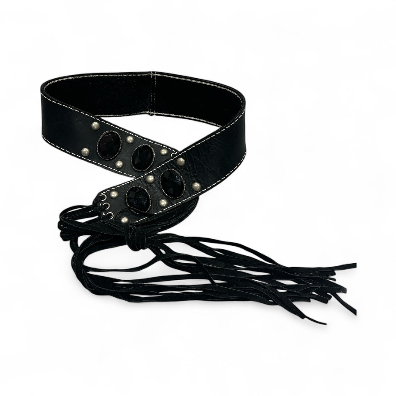 Black Leather Belt with Fringe Ties