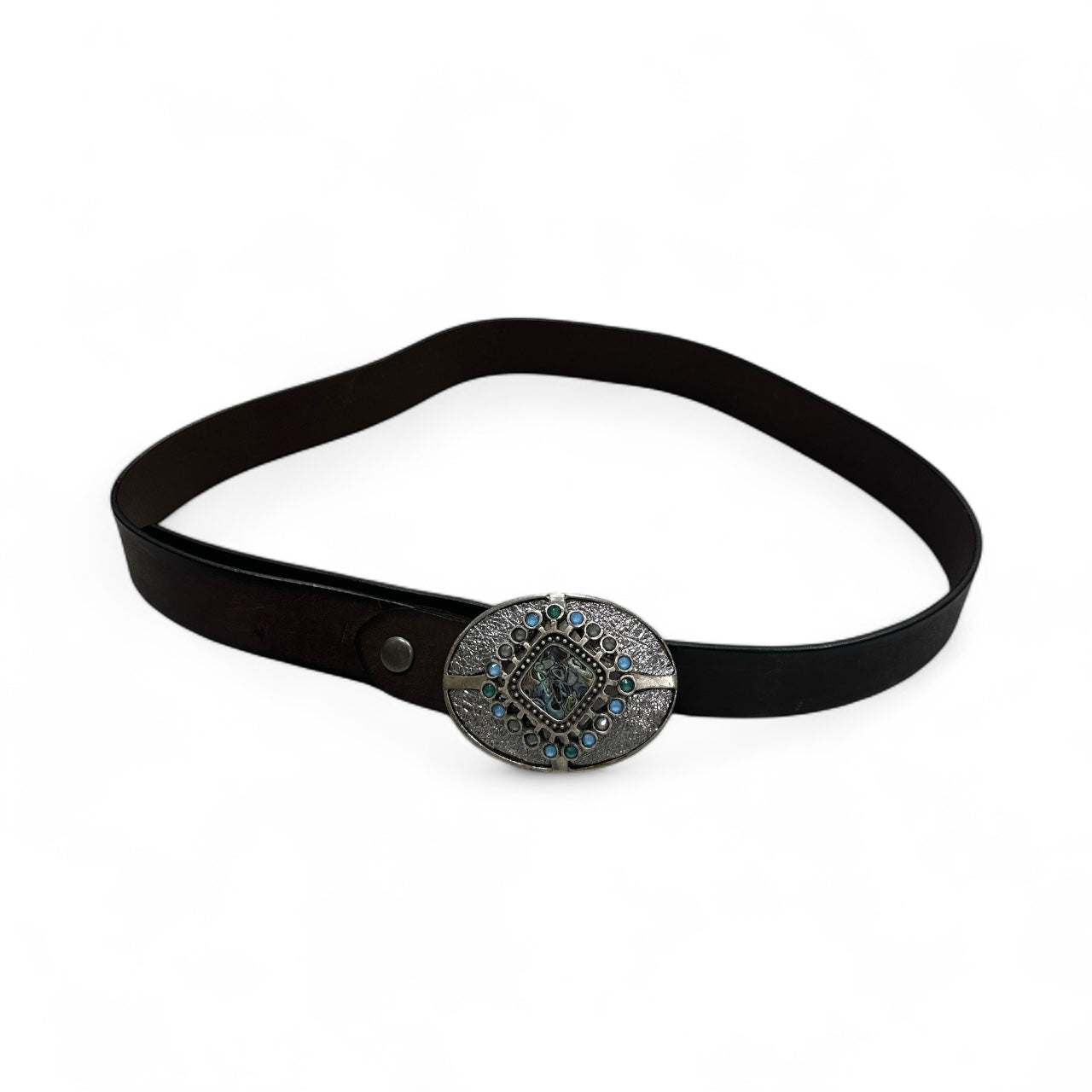 Dark Brown Leather Belt with Silver and Stone Buckle