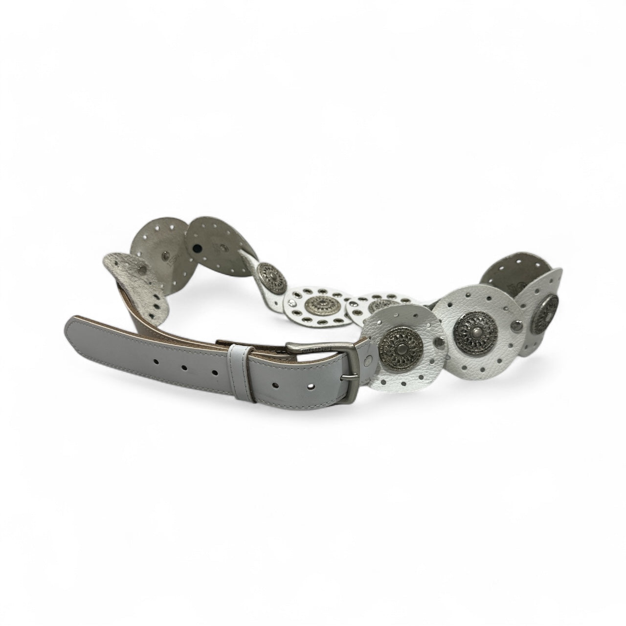Circle White Leather Belt with Silver Metal Detailing