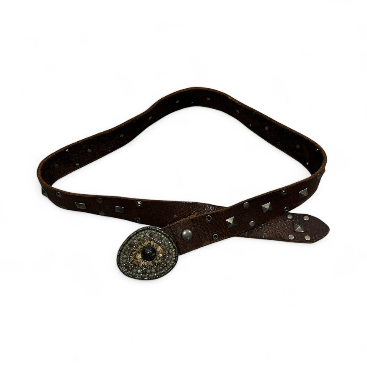 Dark Brown Leather Studded Belt with Stone Buckle