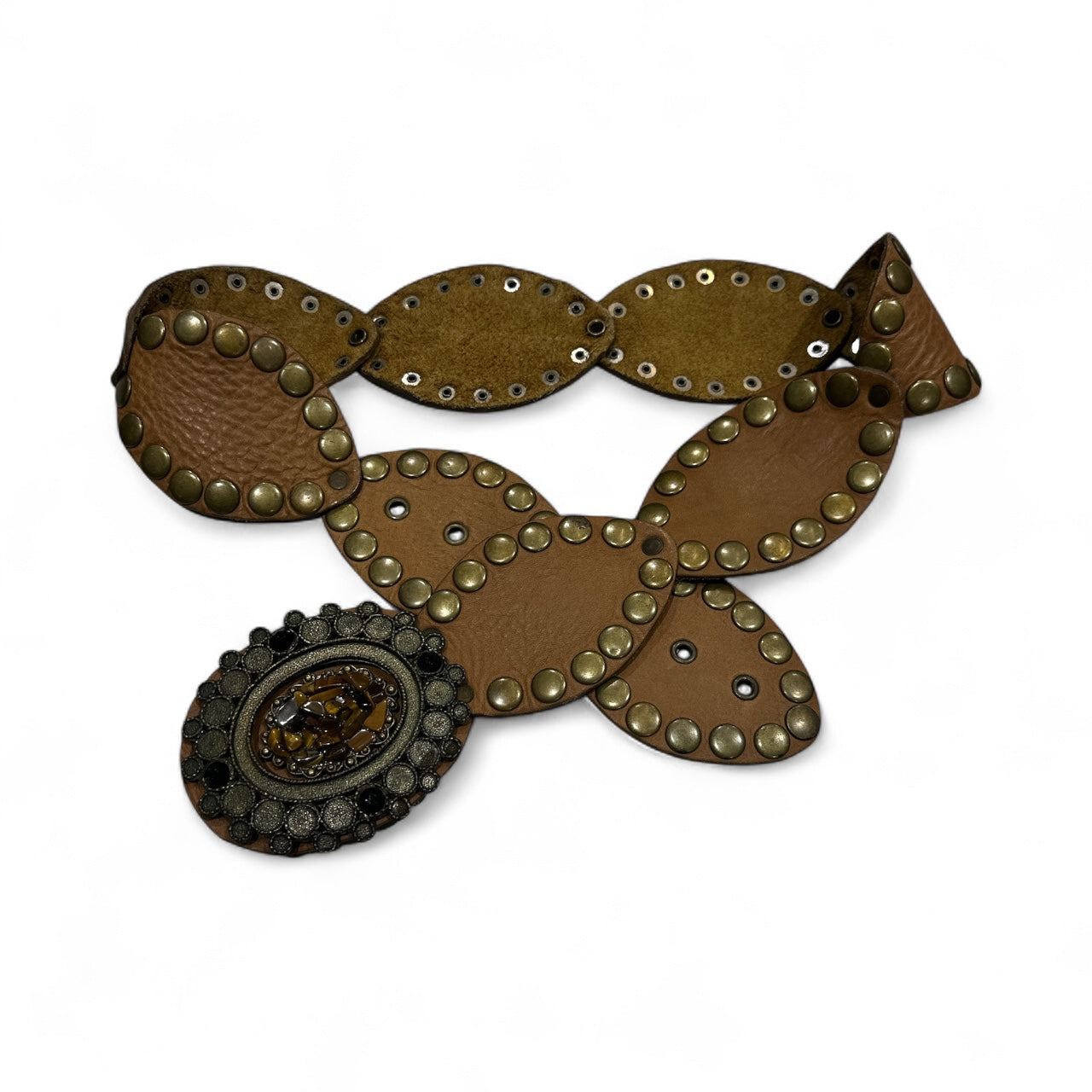 Light Brown Oval Leather Belt with Round Studs