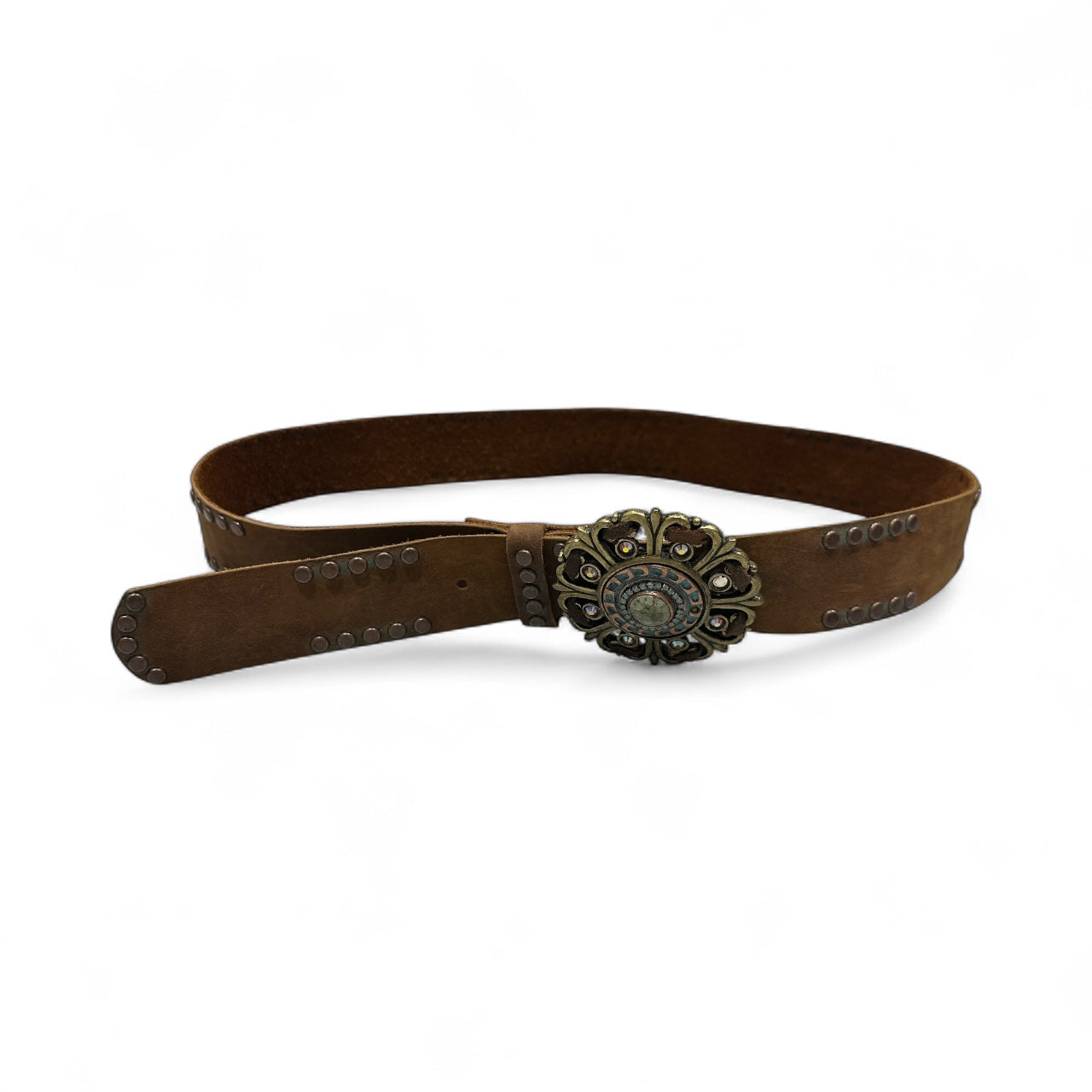 Brown Leather Belt with Jewel Flower Buckle