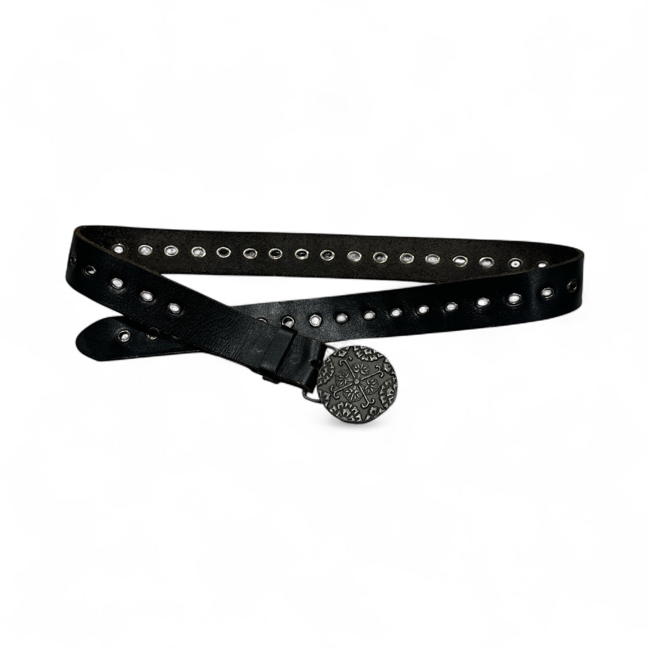 Black Leather Belt with Circle Decorative Buckle