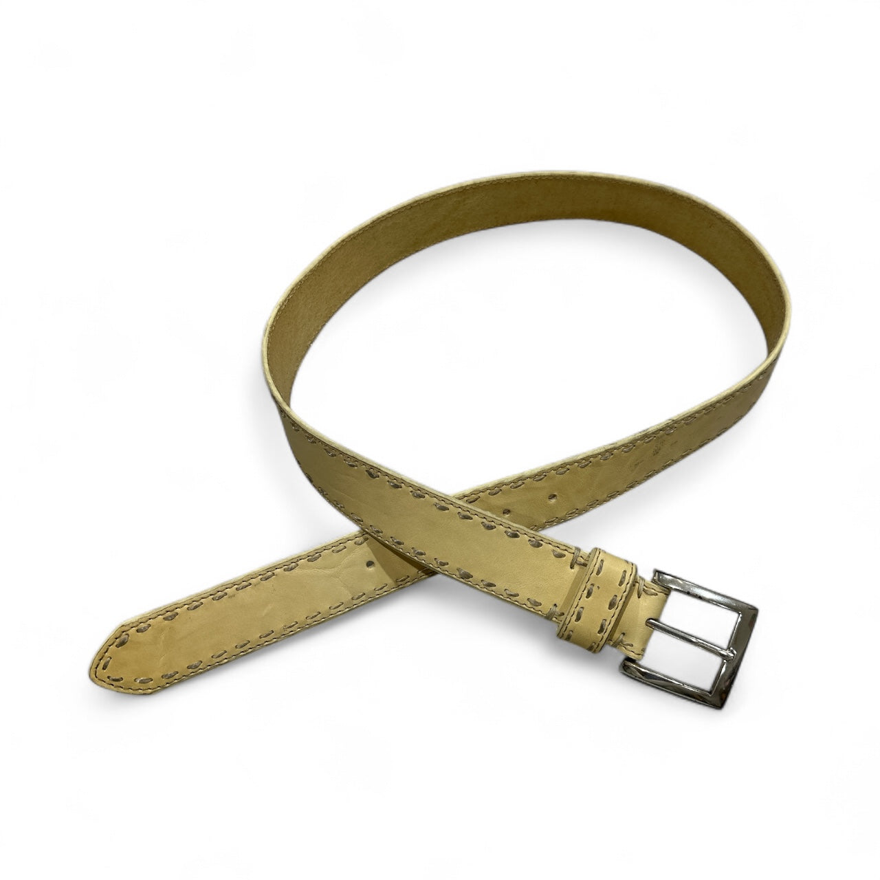 Yellow Cream Leather Belt with Silver Buckle