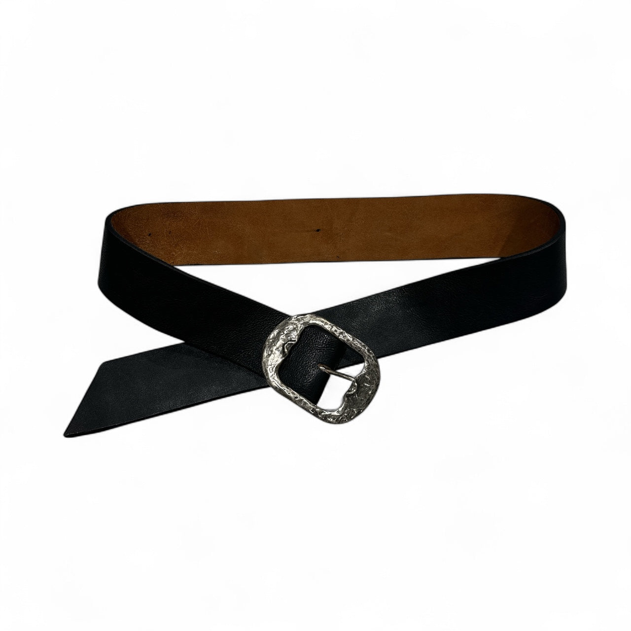 Black Leather Wide Band Belt with Silver Buckle