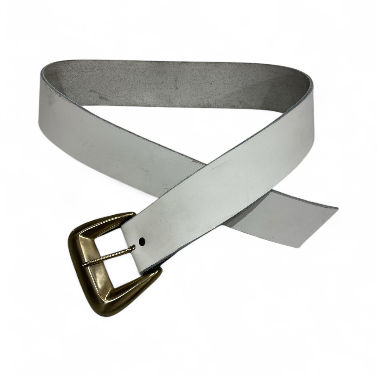 White Leather Belt with Large Silver Buckle