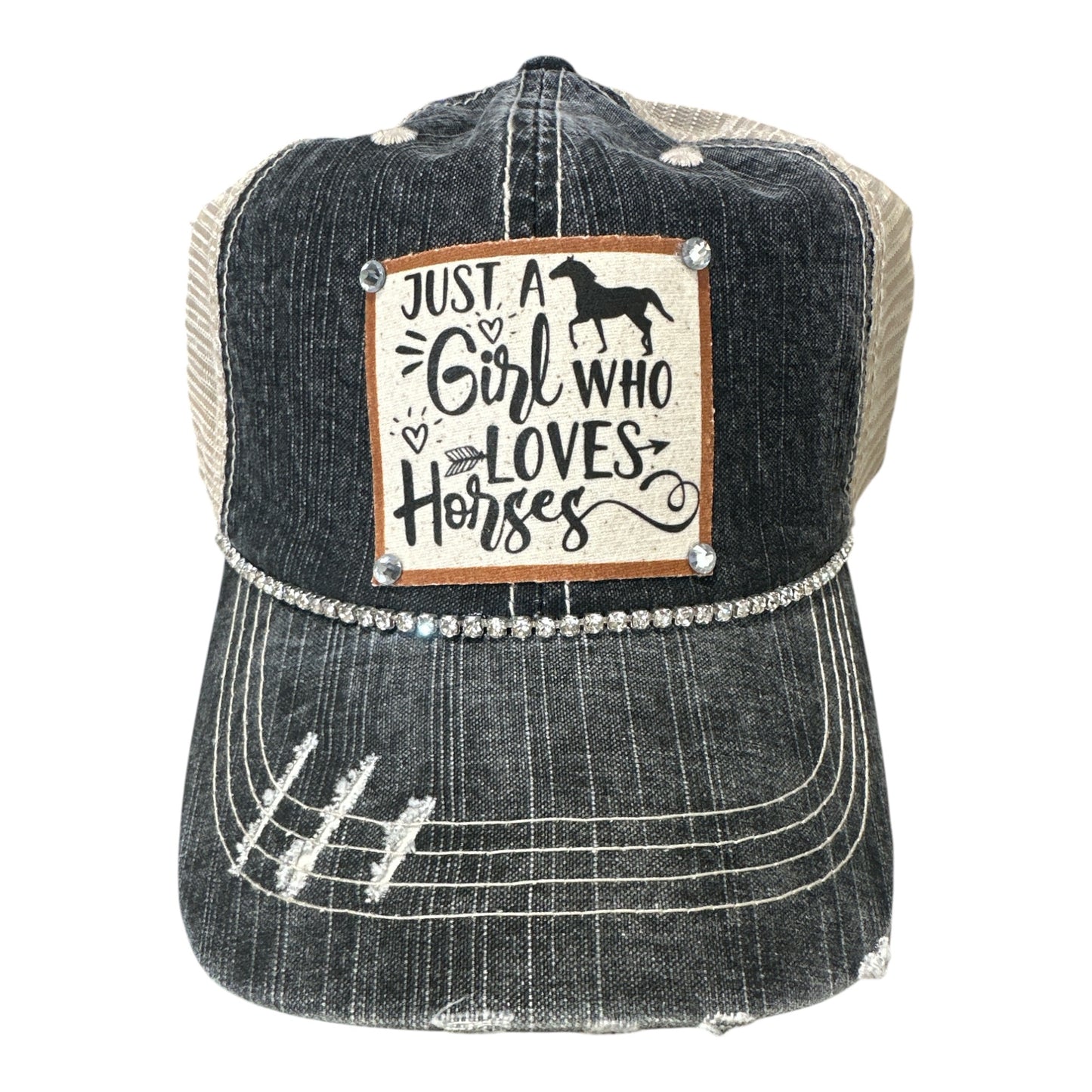 JUST A GIRL WHO LOVES HORSES DISTRESSED TRUCKER HAT: BLING / BLACK