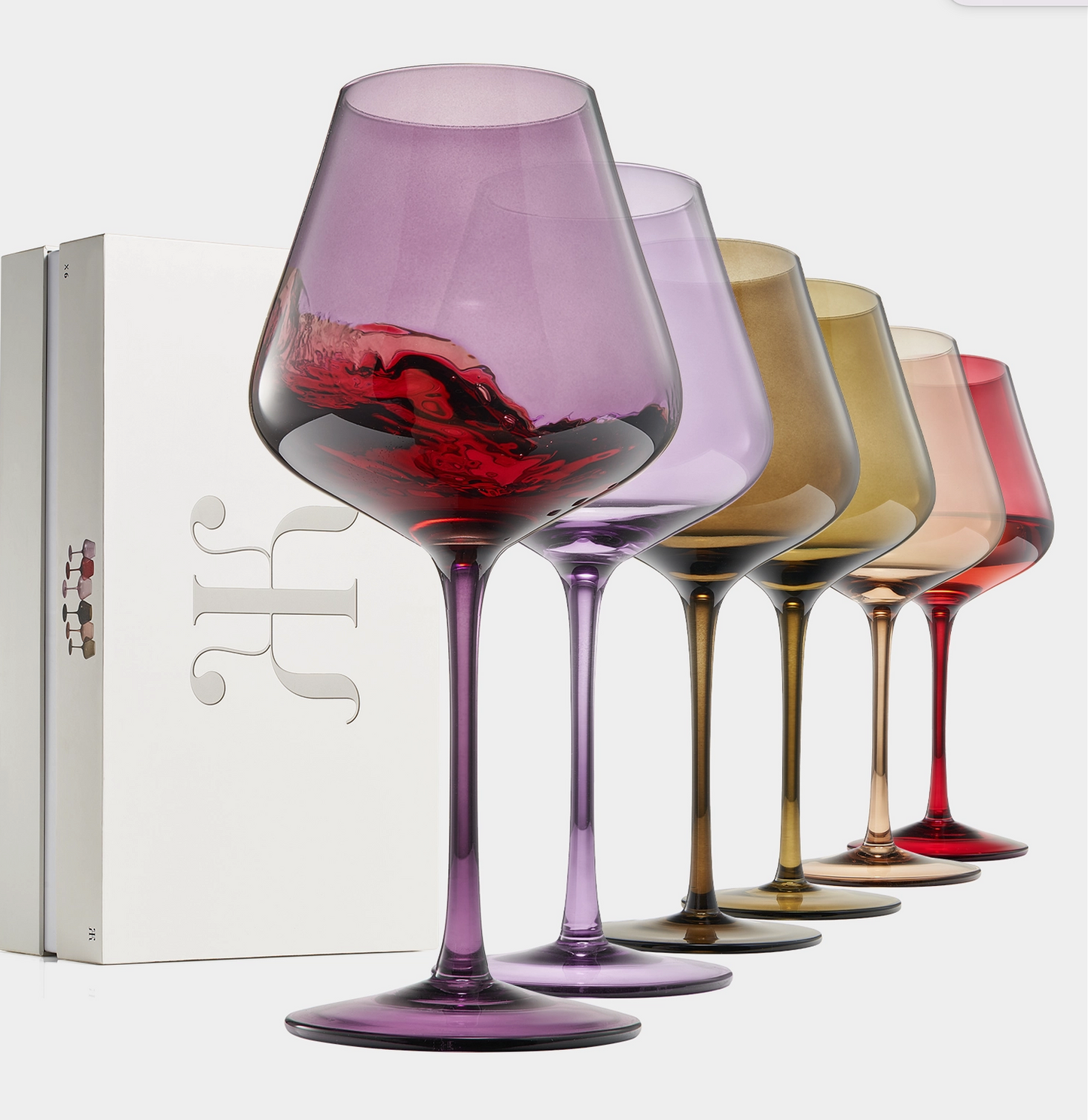 Set of 6 20 oz Colored Crystal Wine Glasses