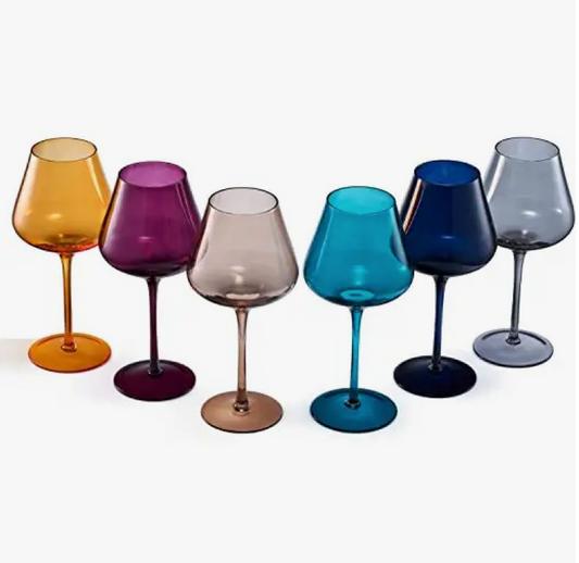 Set of 6-Jewel Toned Crystal Wine Glass Set