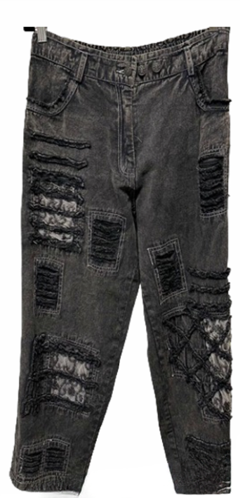 Paper Lace Black Denim Pants with Lace