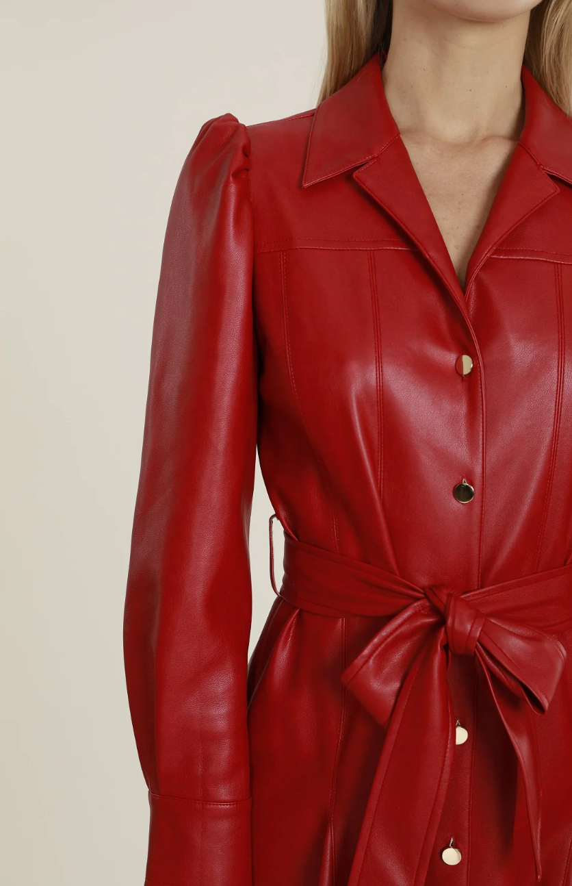 Vegan Leather Puff Shoulder Belted Dress