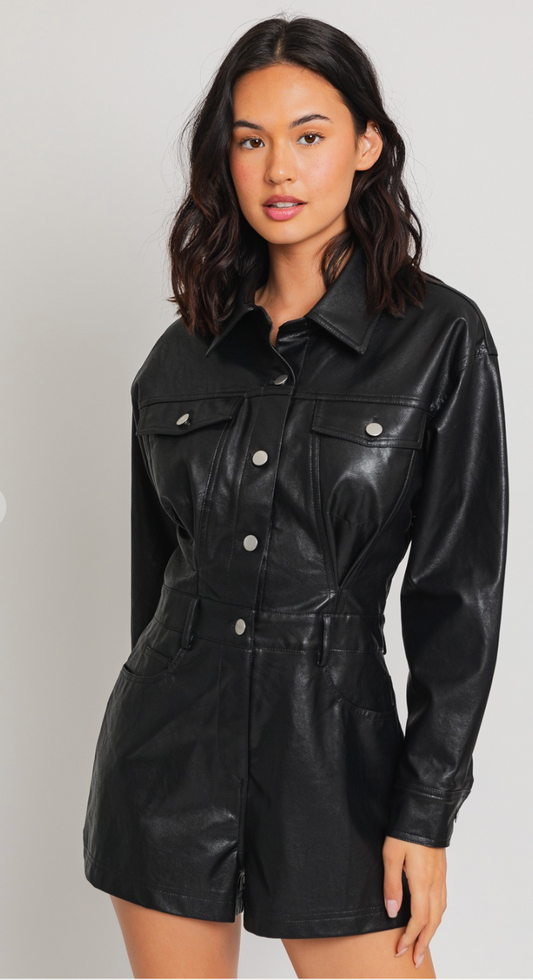 Long Sleeve Faux Leather Romper