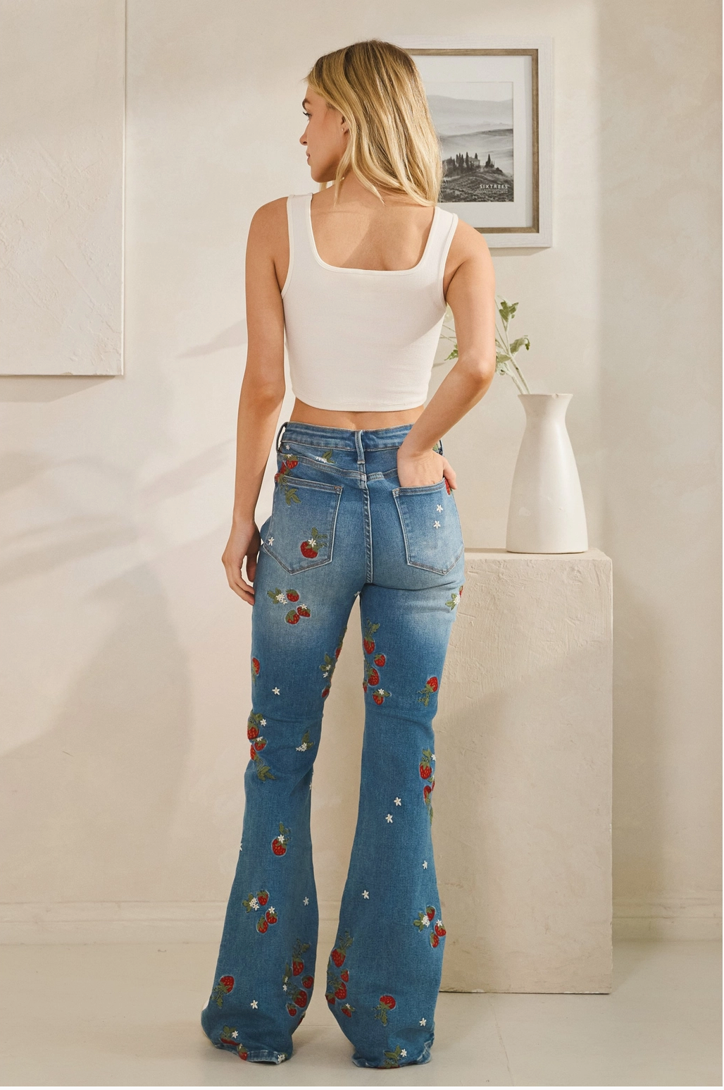 Strawberry Embroidered Denim