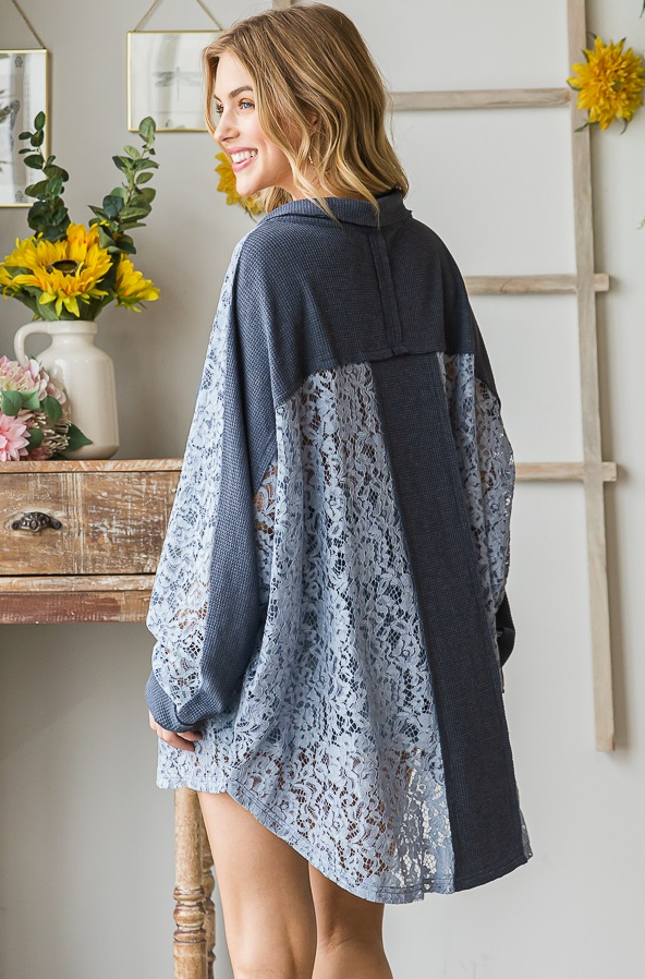 Blue Mixed Media Lace Top