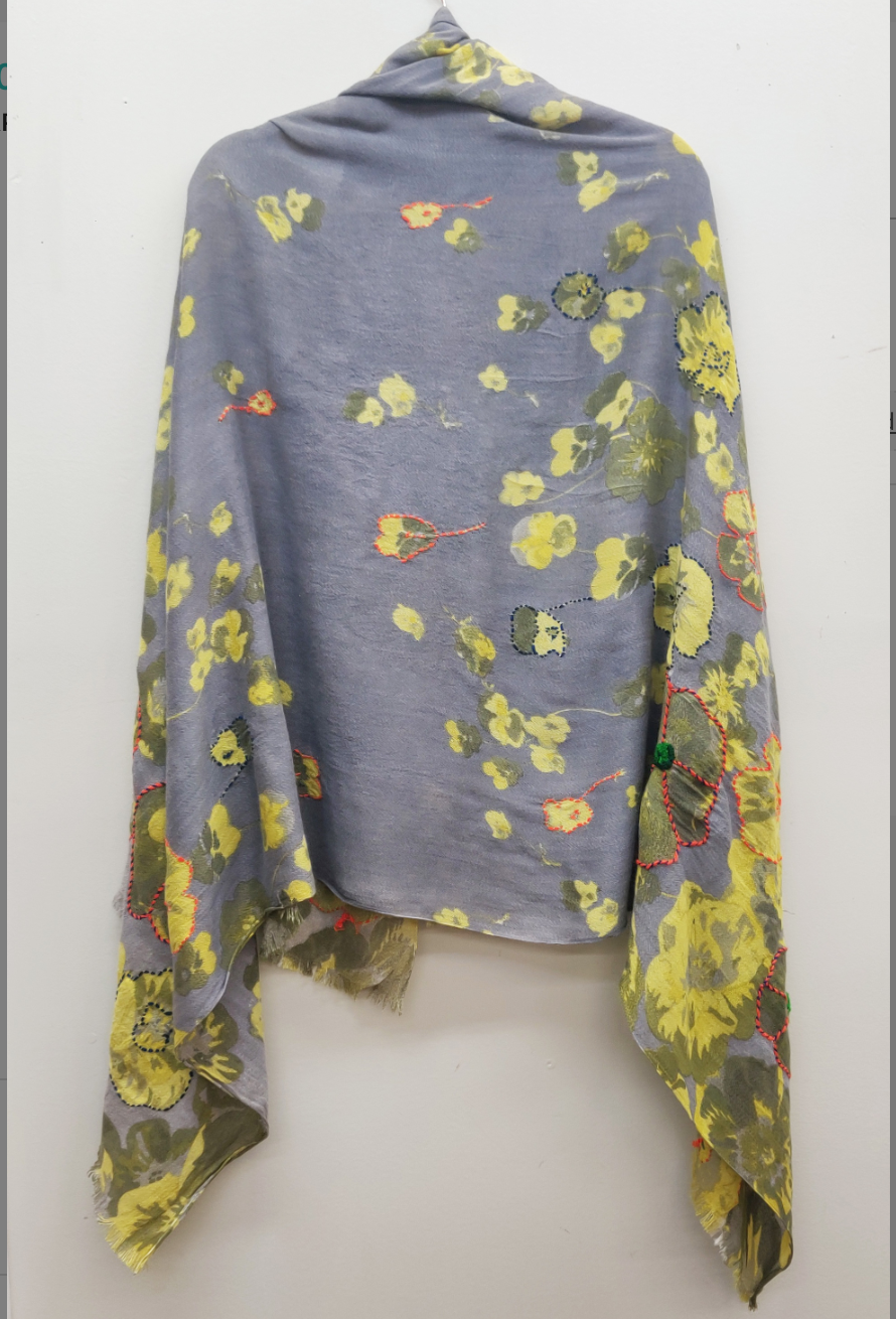 Aratta Aurelia Hand Stitched Shawl- Gray/Yellow